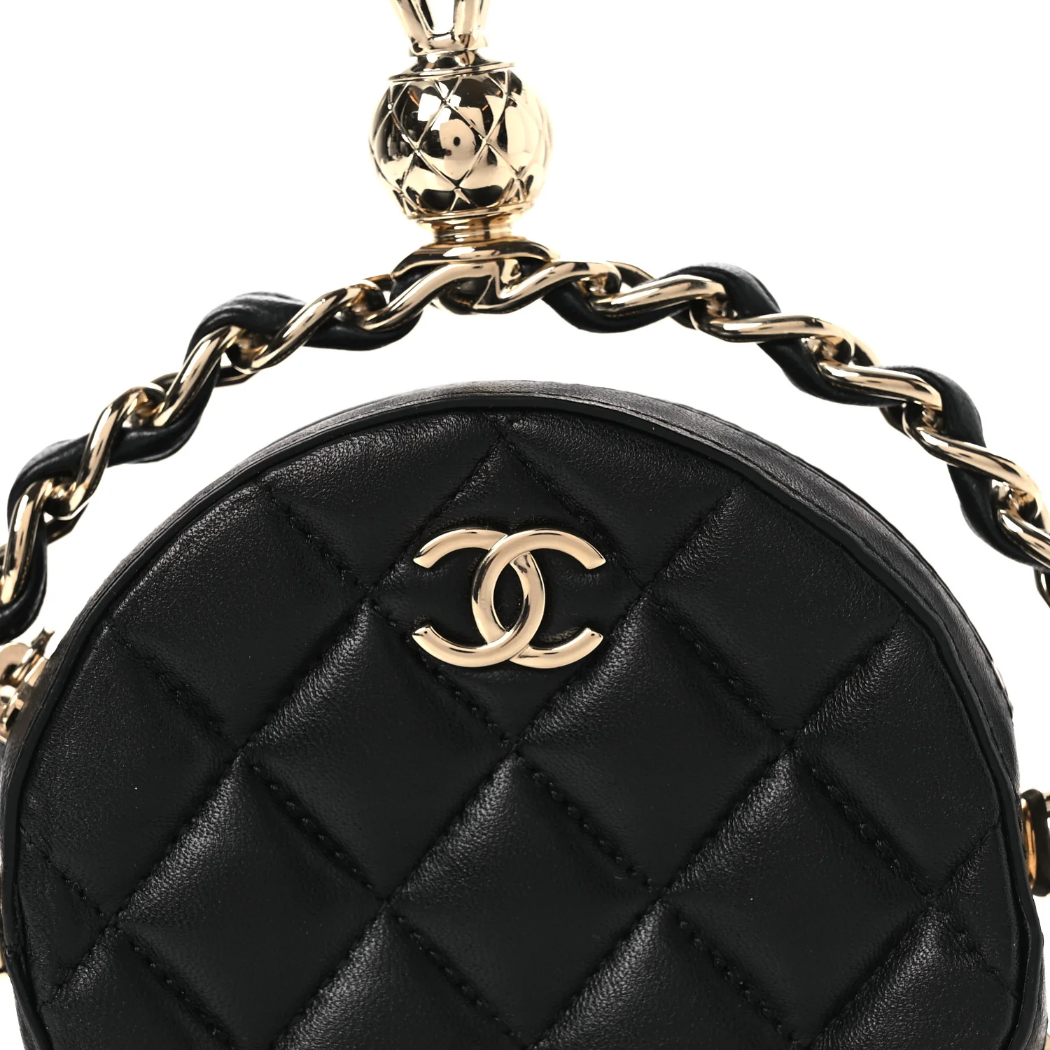 Lambskin Quilted Chain Round Mini Clutch Black - Image 9