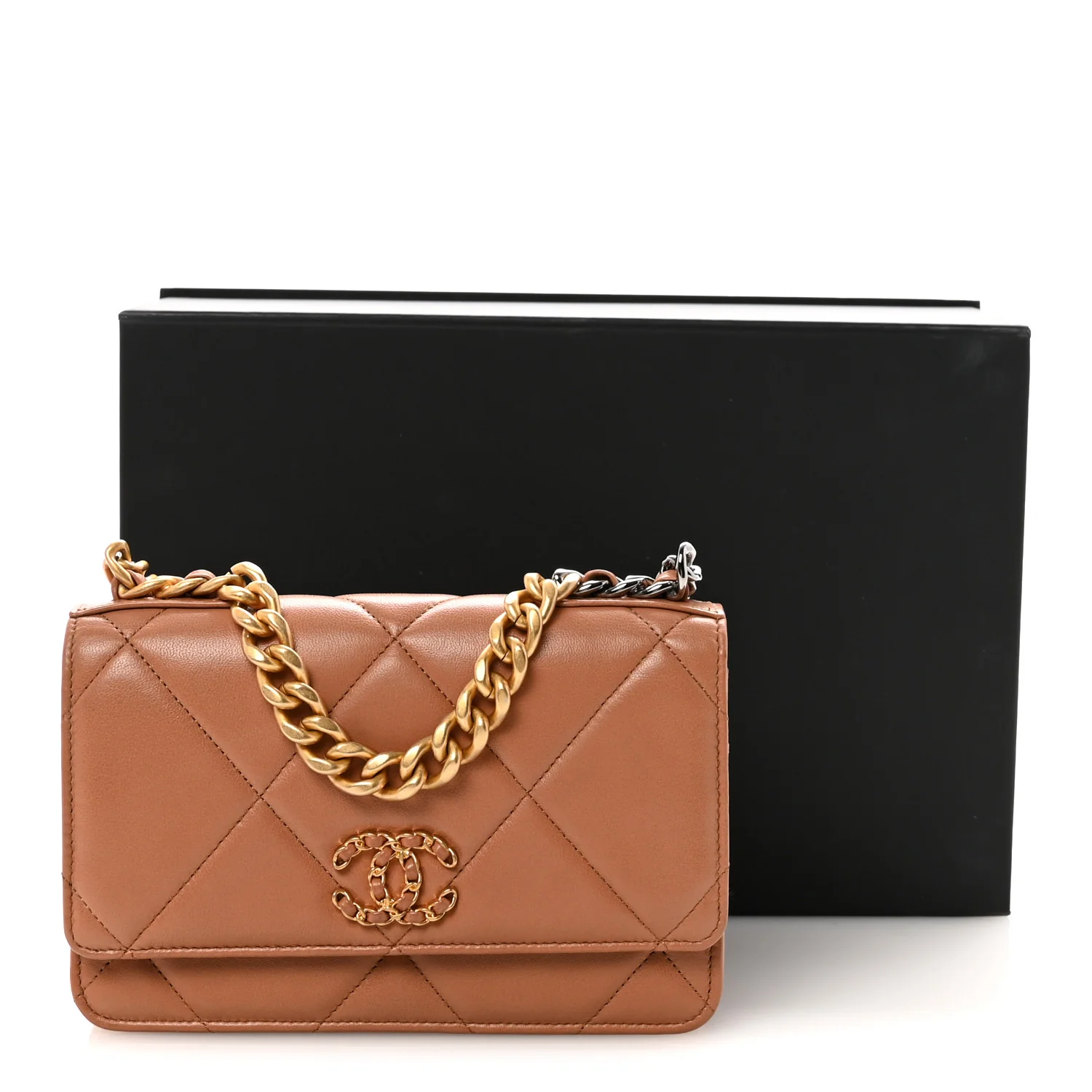 Lambskin Quilted Chanel 19 Wallet On Chain WOC Brown - Image 12