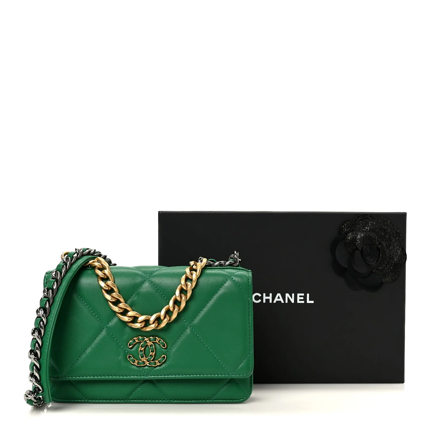 Lambskin Quilted Chanel 19 Wallet On Chain WOC Green - Image 12