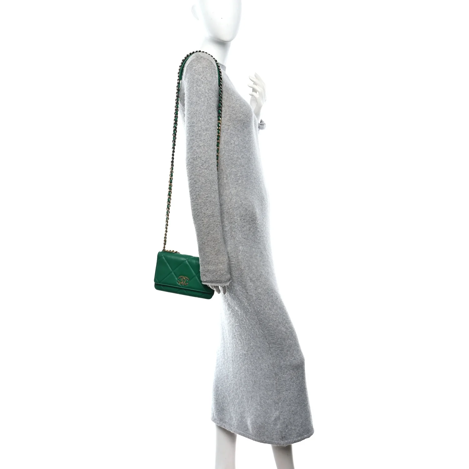 Lambskin Quilted Chanel 19 Wallet On Chain WOC Green - Image 2