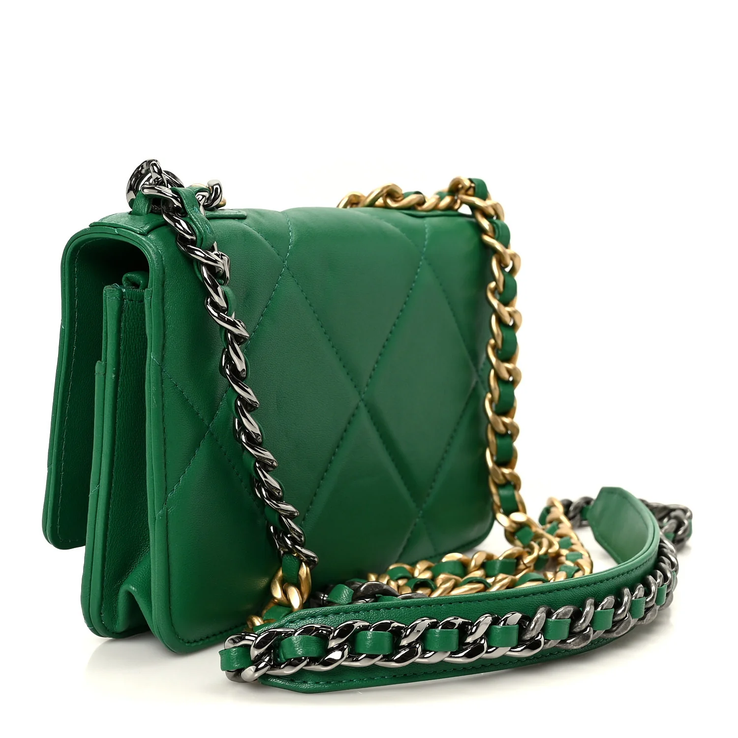 Lambskin Quilted Chanel 19 Wallet On Chain WOC Green - Image 3
