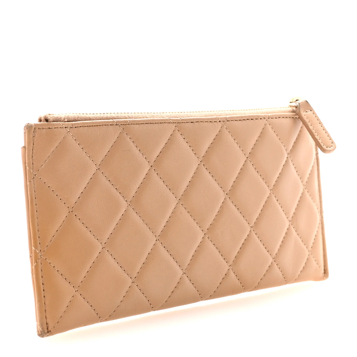Lambskin Quilted Classic Zip Boy Pouch Beige - Image 3