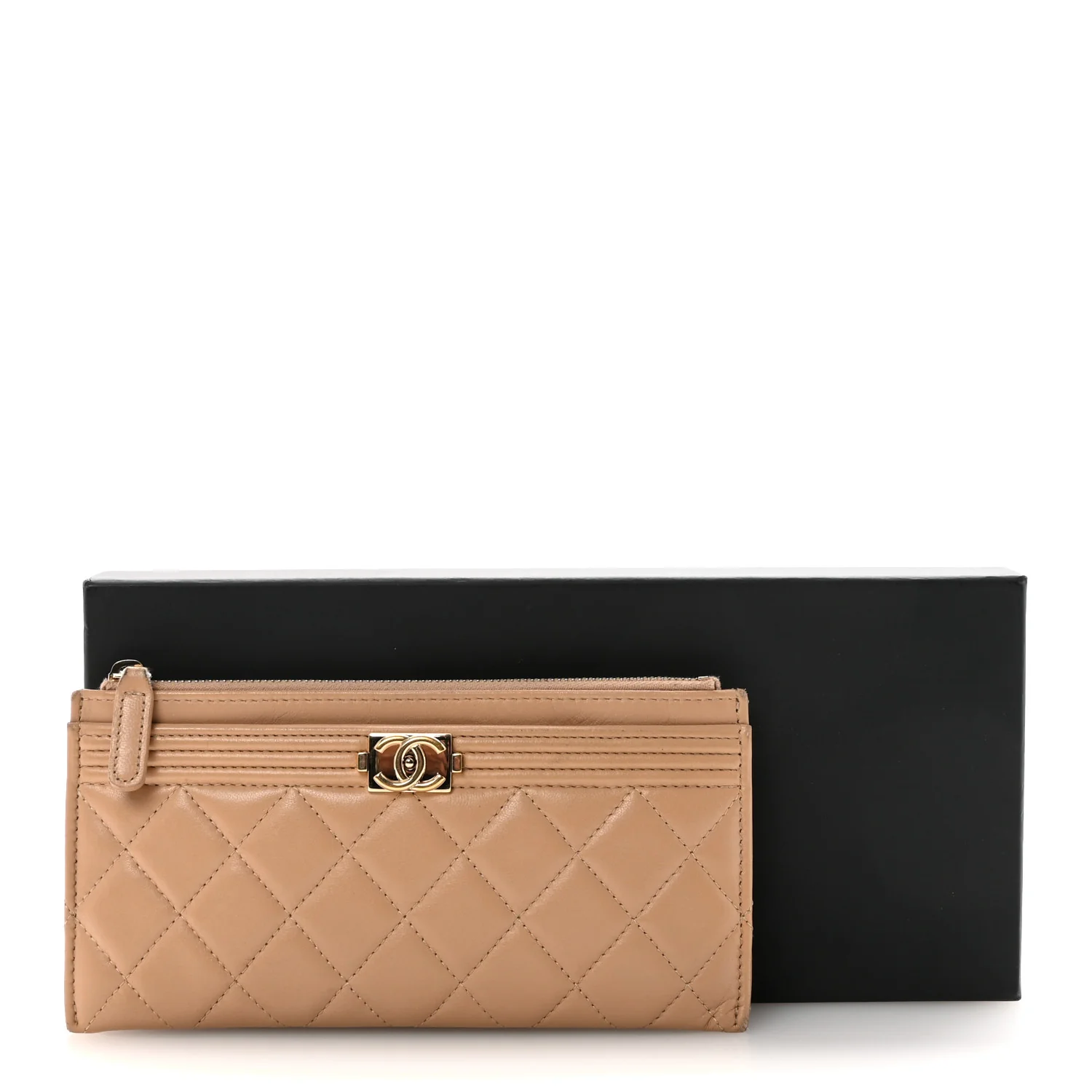 Lambskin Quilted Classic Zip Boy Pouch Beige - Image 8