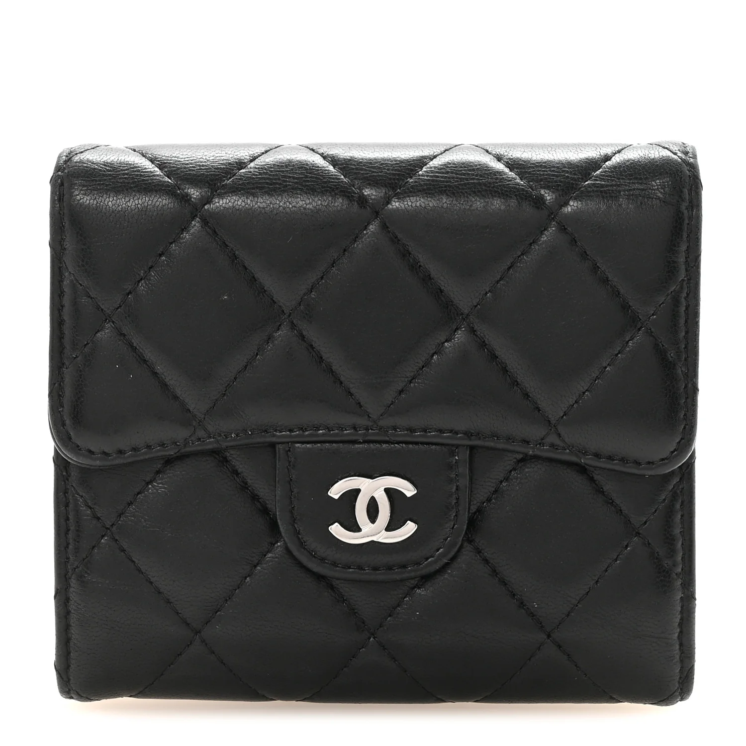 Lambskin Quilted Compact Flap Wallet Black