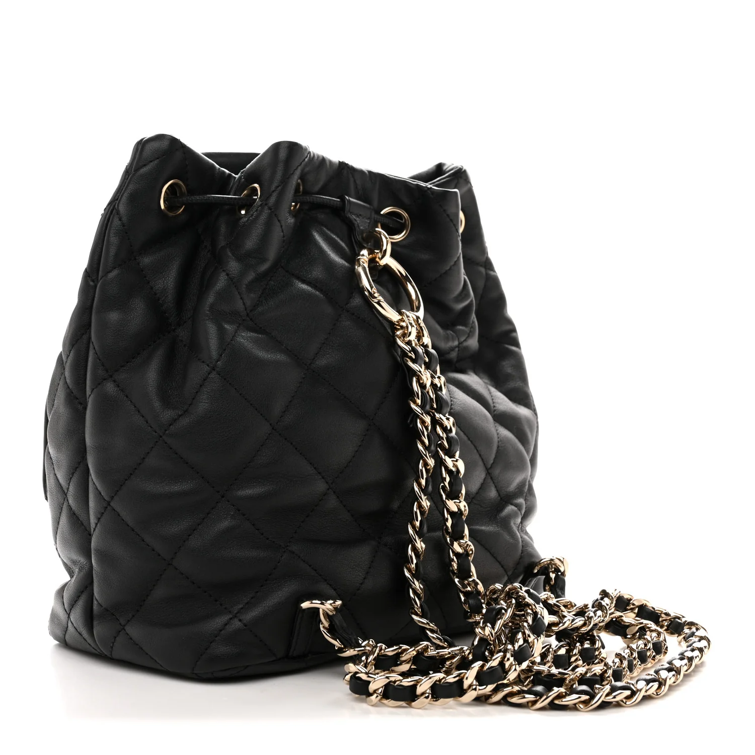 Lambskin Quilted Double Pocket Drawstring Backpack Black - Image 3