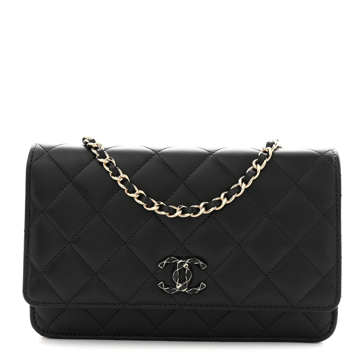 Lambskin Quilted Enamel CC Wallet On Chain WOC Black