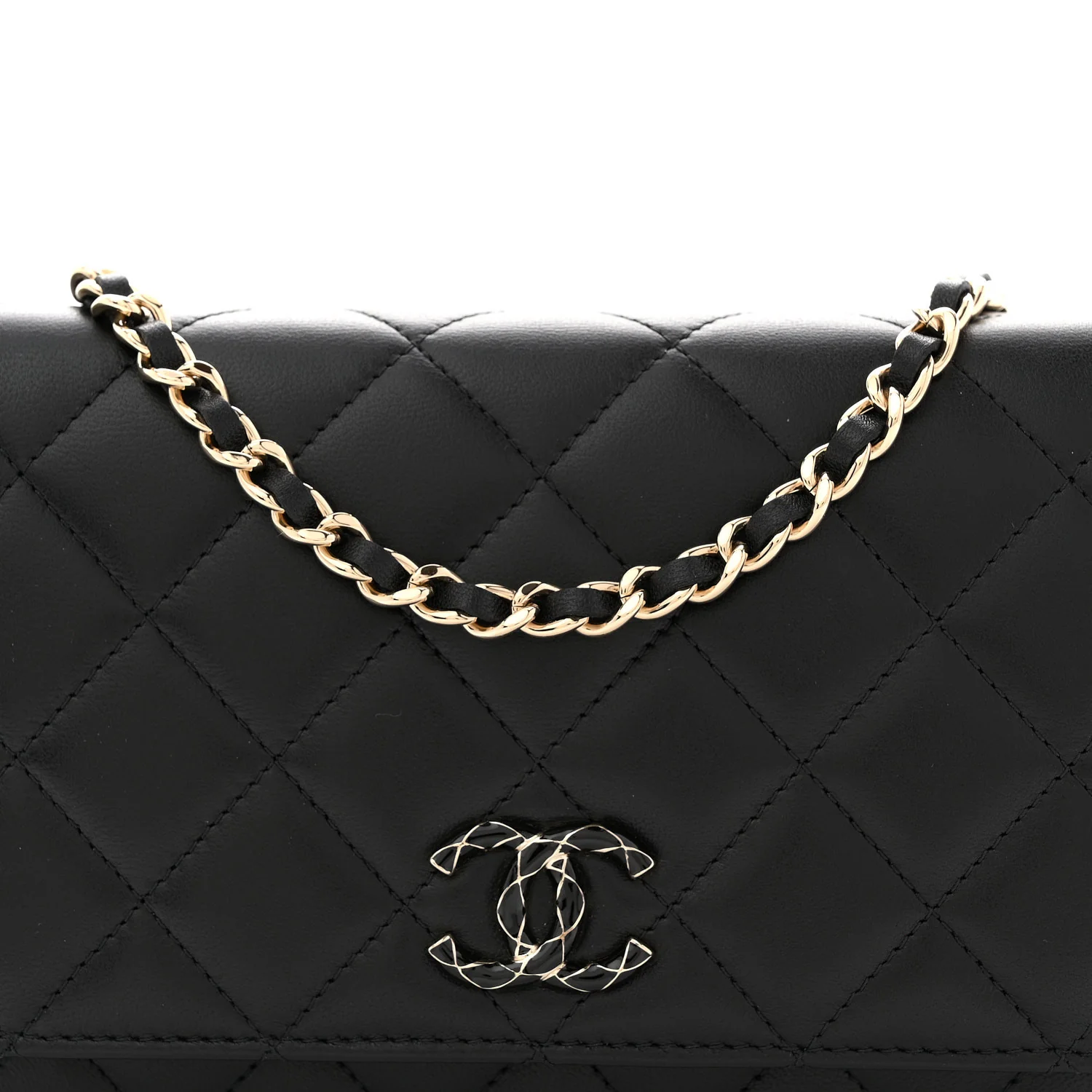 Lambskin Quilted Enamel CC Wallet On Chain WOC Black - Image 8