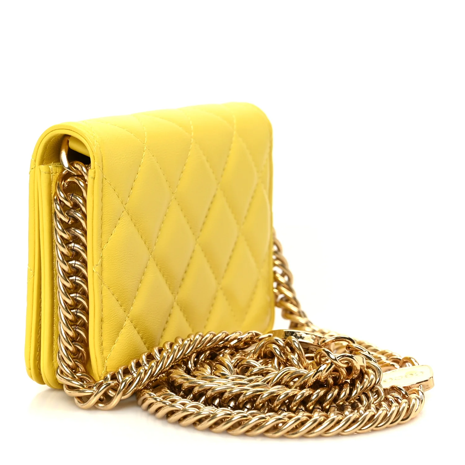 Lambskin Quilted Enamel Logo Flap Card Holder On Chain Yellow - Image 3