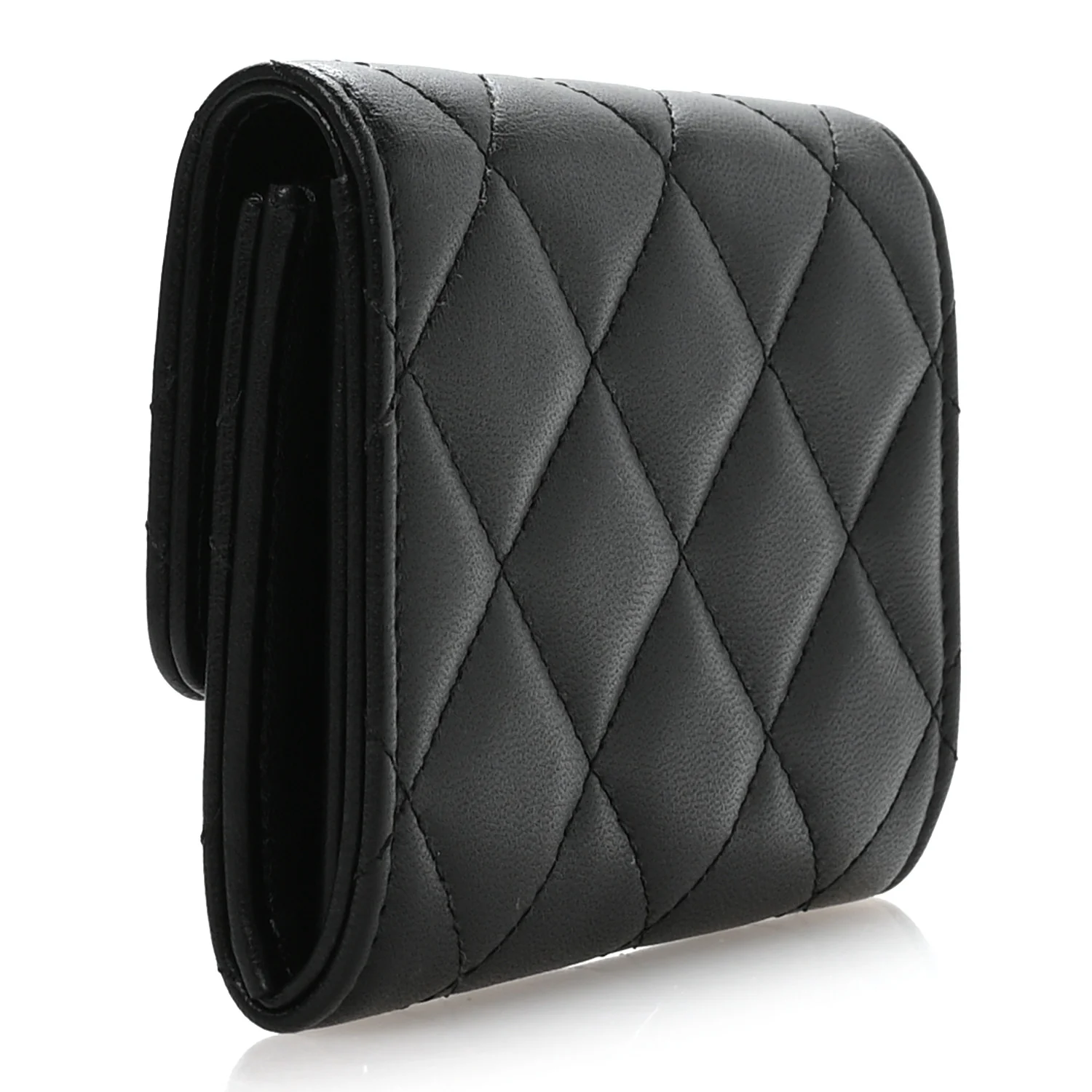 Lambskin Quilted Flap Baguette Crystal Card Holder Wallet Black - Image 3