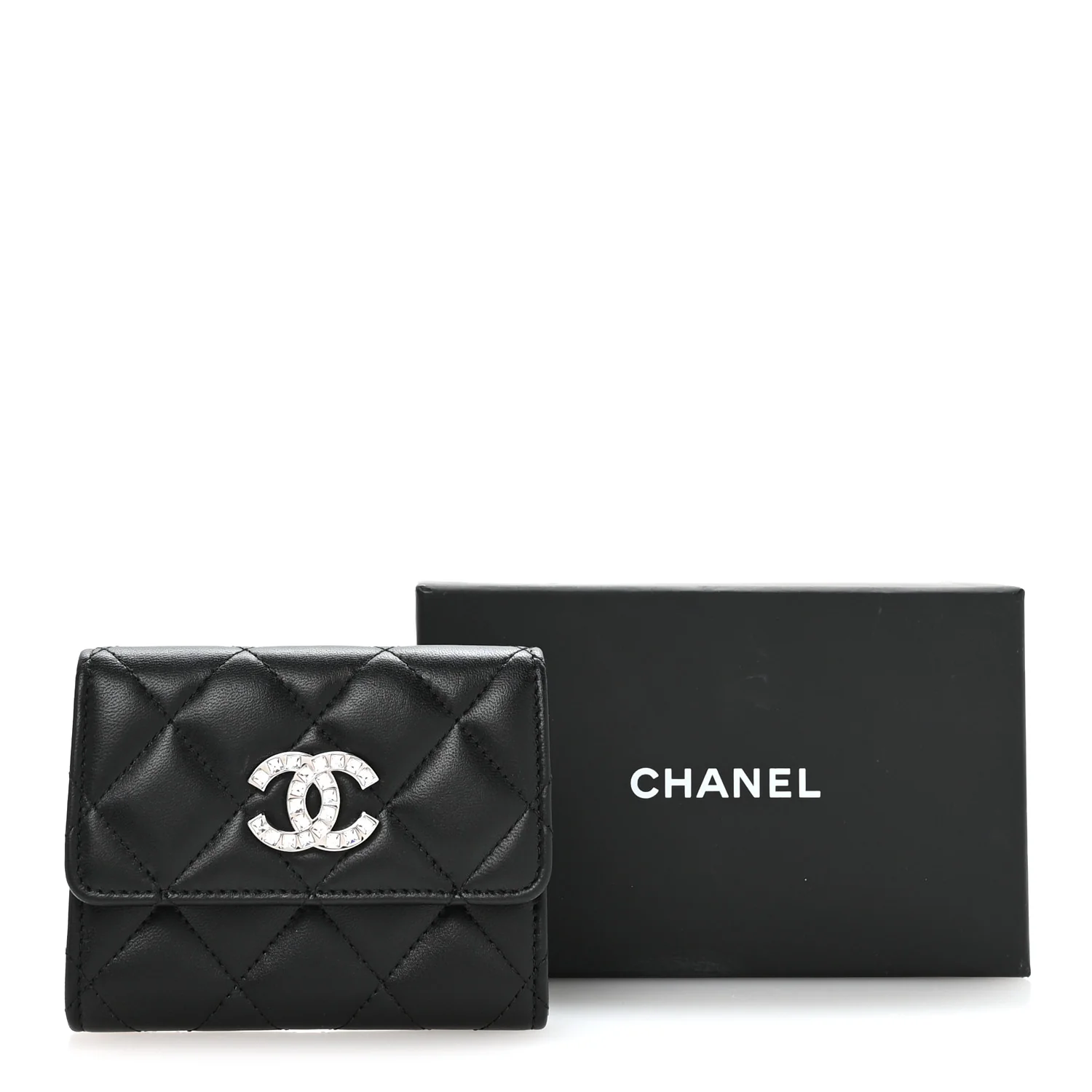 Lambskin Quilted Flap Baguette Crystal Card Holder Wallet Black - Image 9