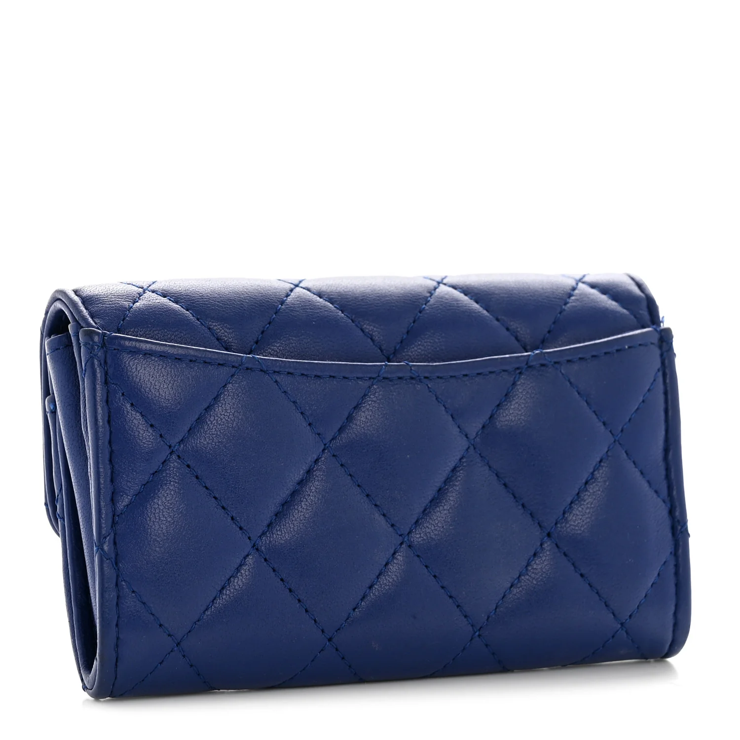 Lambskin Quilted Flap Card Holder Wallet Blue - Image 3