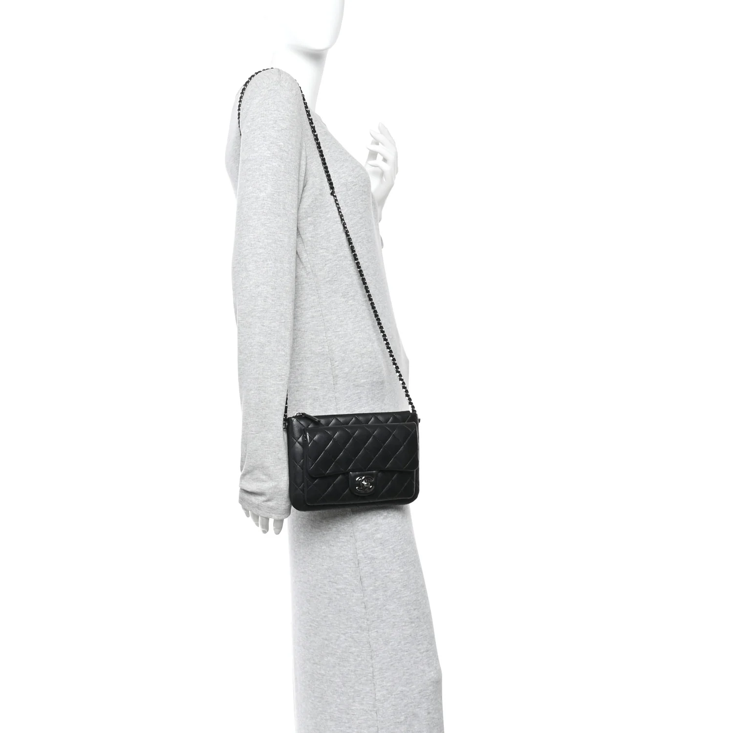 Lambskin Quilted Front Pocket Clutch With Chain Black - Image 2