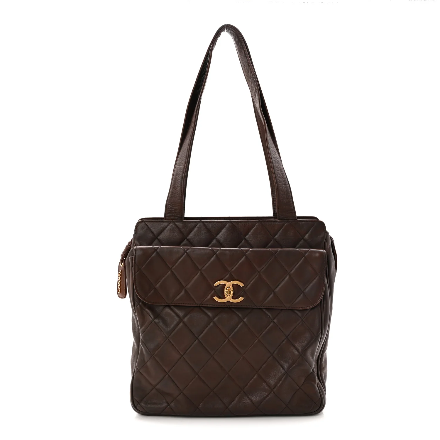 Lambskin Quilted Front Pocket Shopping Tote Brown