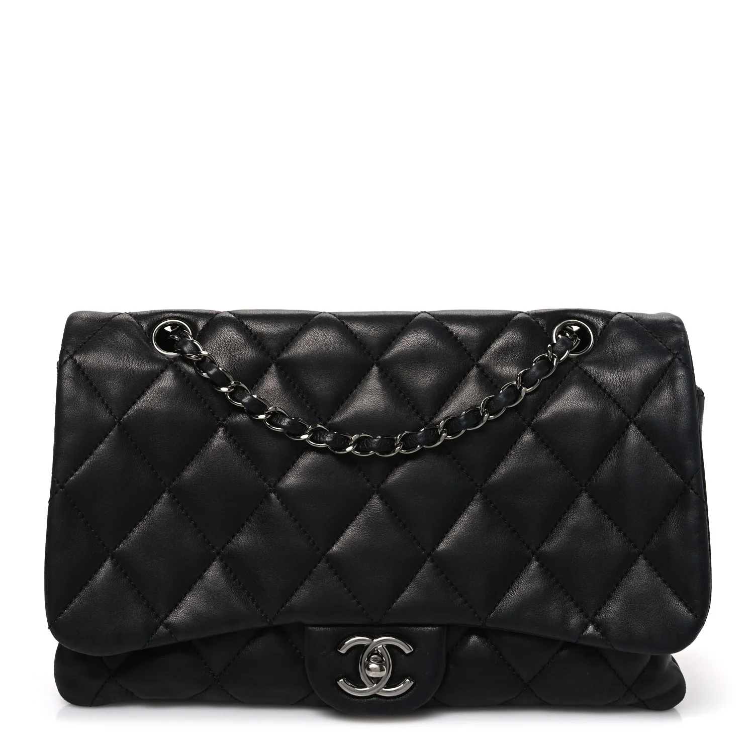 Lambskin Quilted Jumbo 3 Flap Black