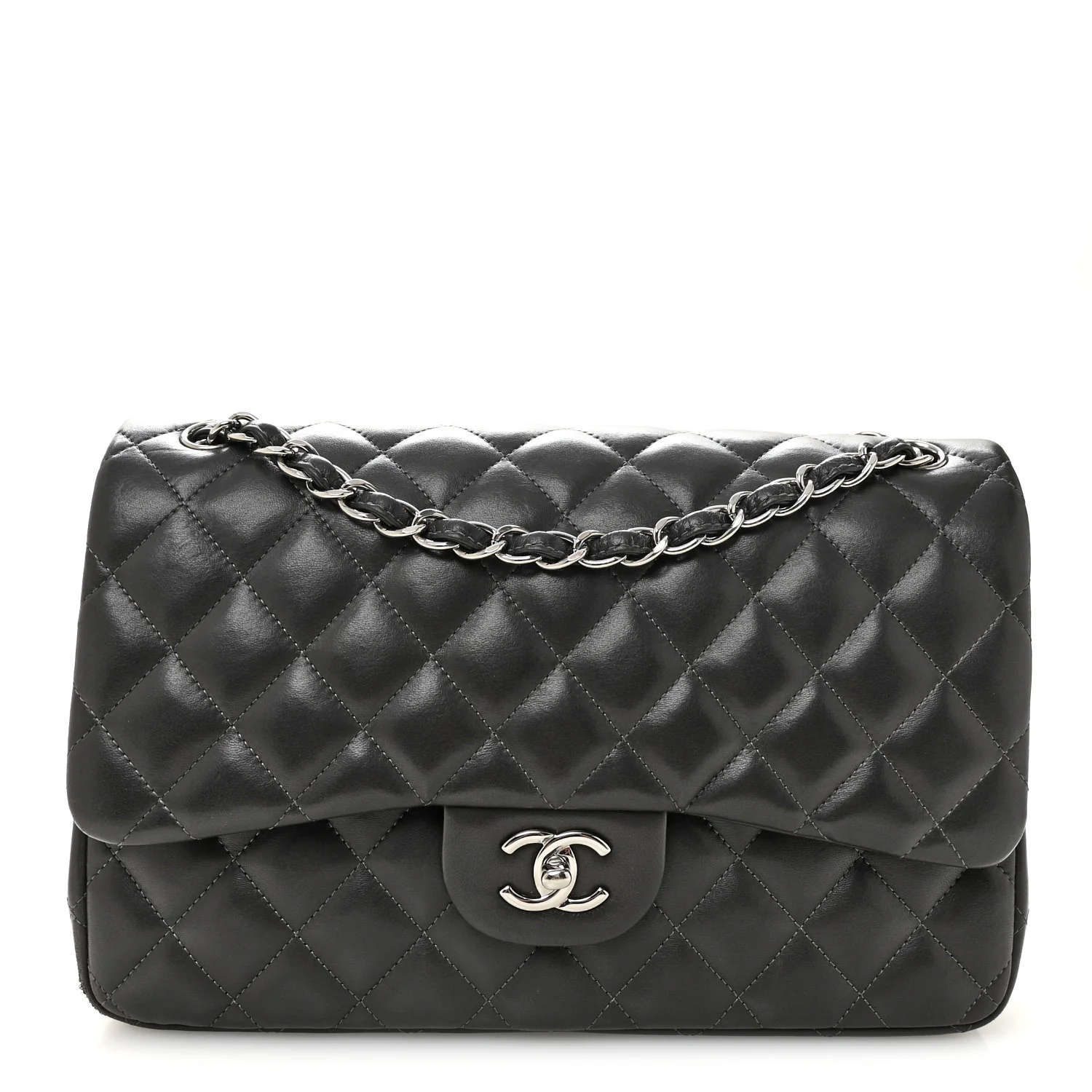 Lambskin Quilted Jumbo Double Flap Dark Grey