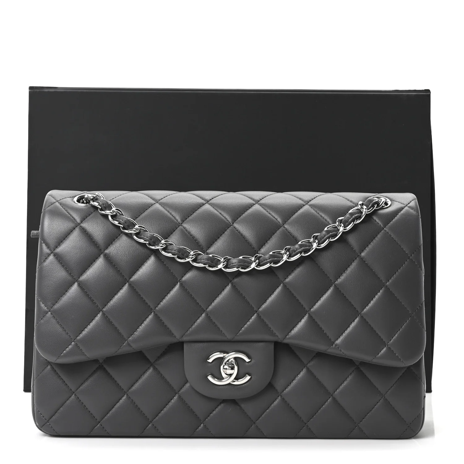 Lambskin Quilted Jumbo Double Flap Dark Grey - Image 11