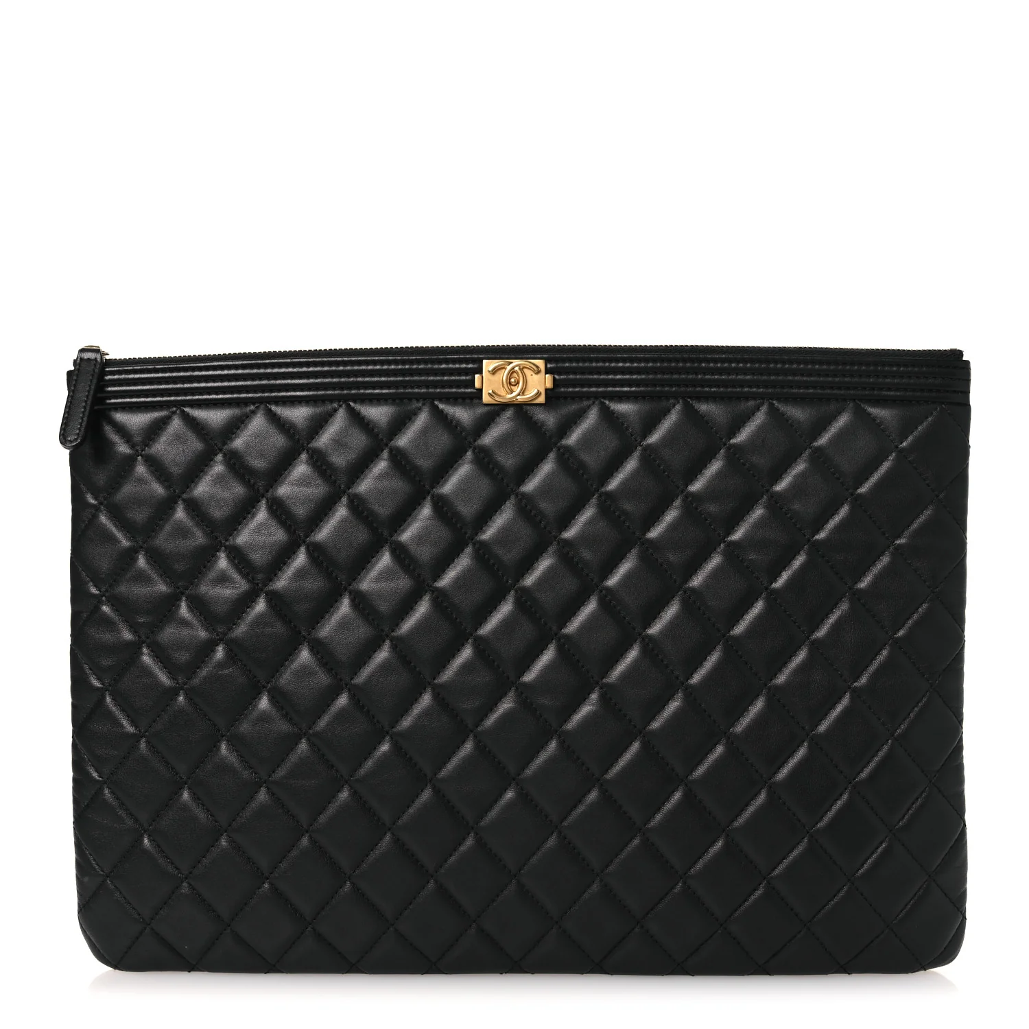 Lambskin Quilted Large Boy Zip Pouch Black