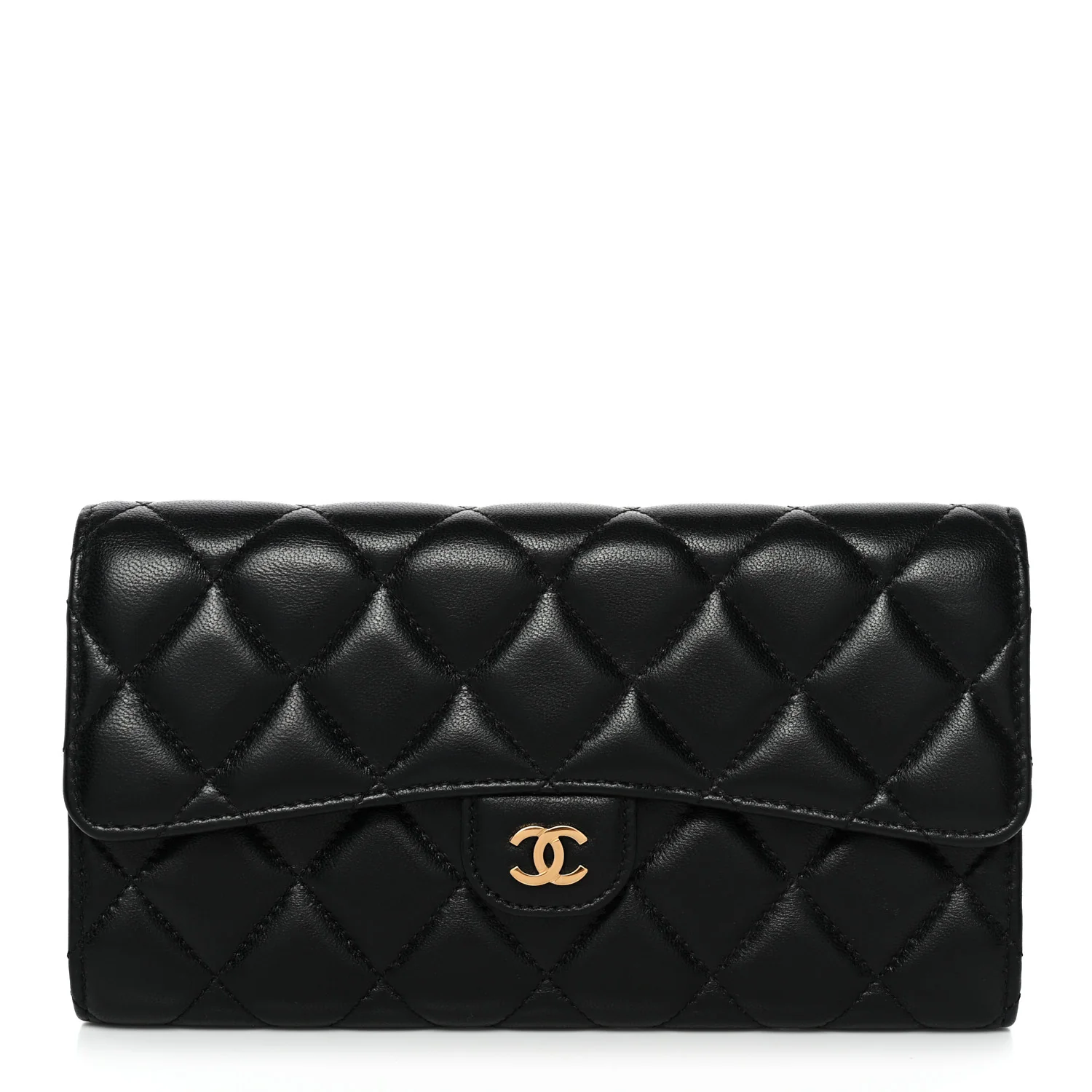 Lambskin Quilted Large Gusset Flap Wallet Black