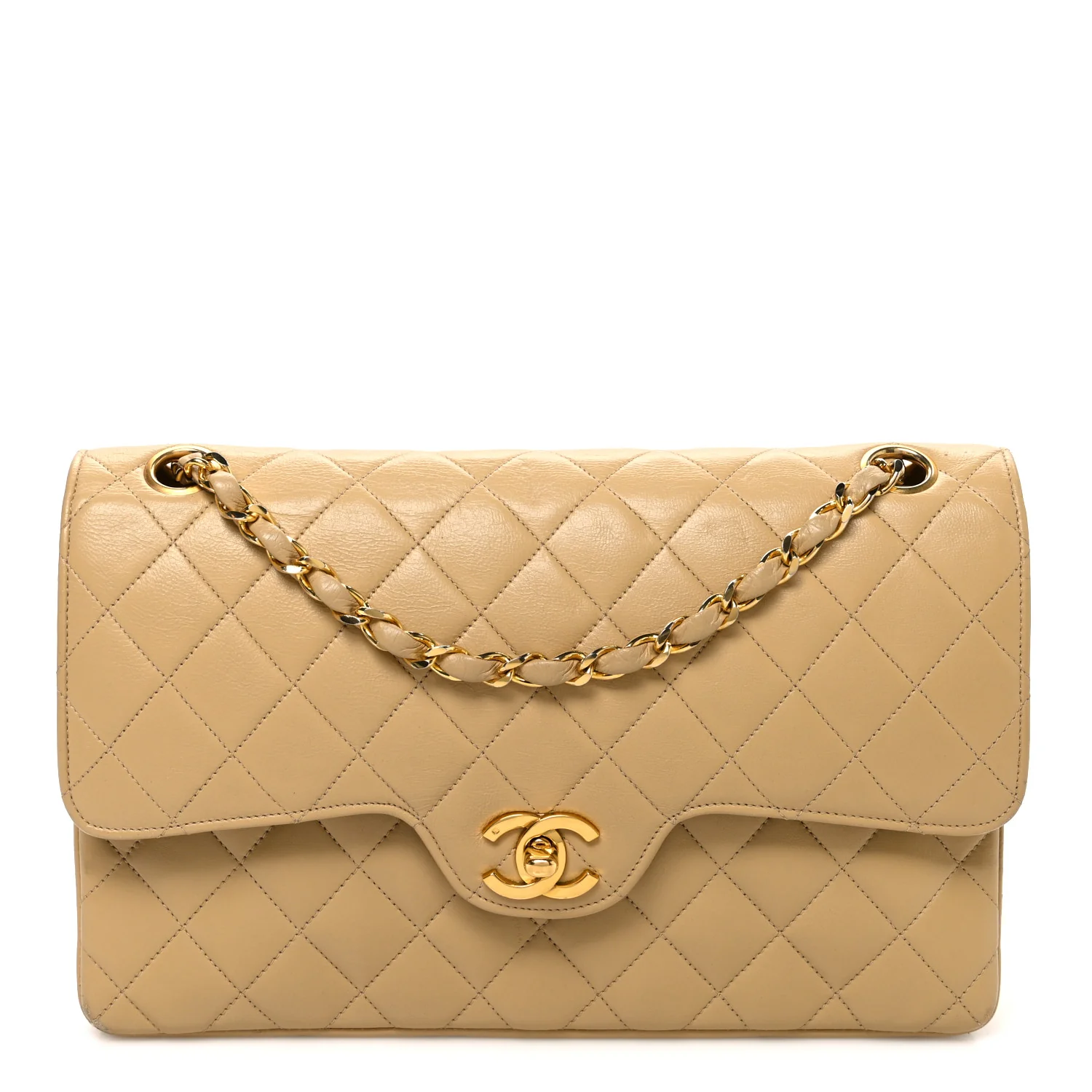 Lambskin Quilted Medium Double Flap Beige