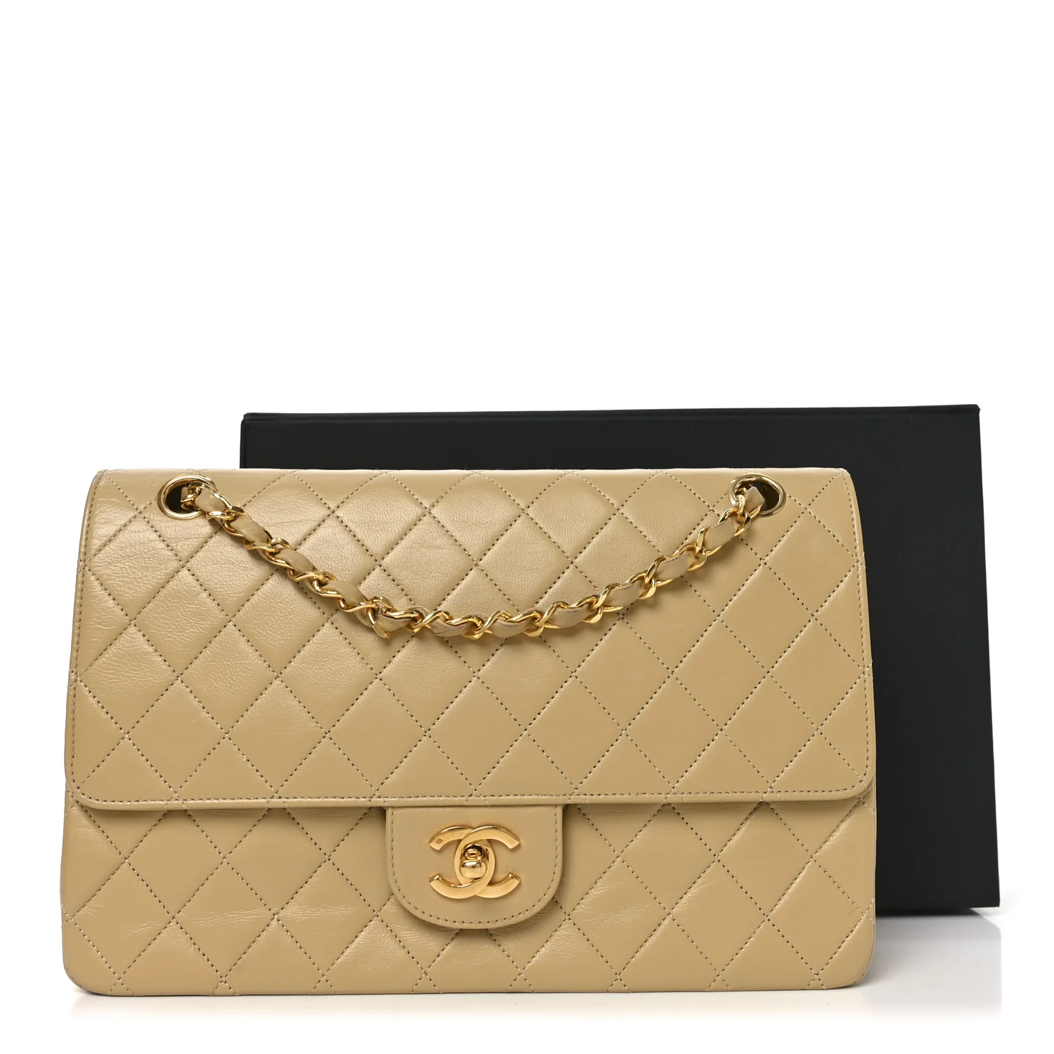 Lambskin Quilted Medium Double Flap Beige - Image 10