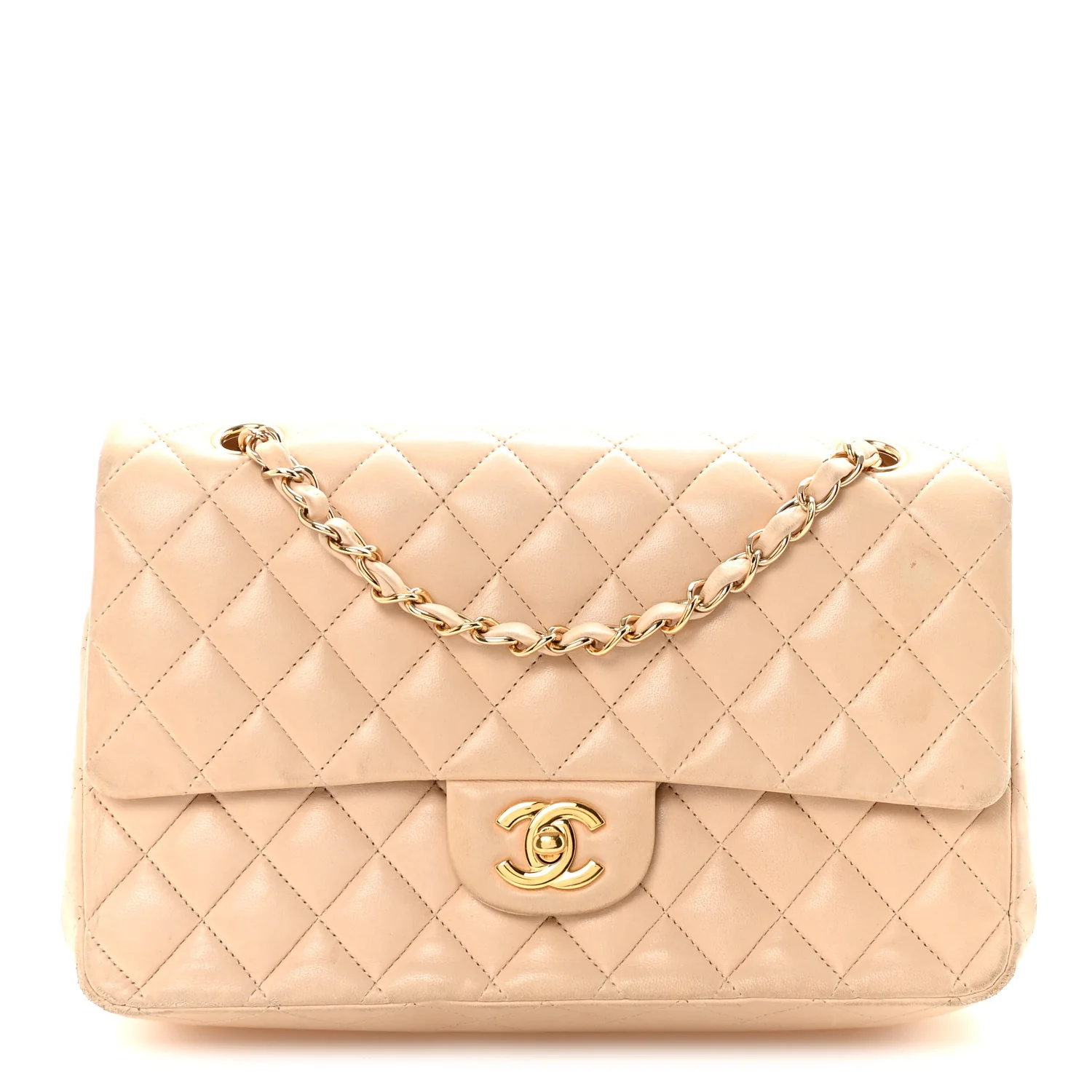 Lambskin Quilted Medium Double Flap Beige