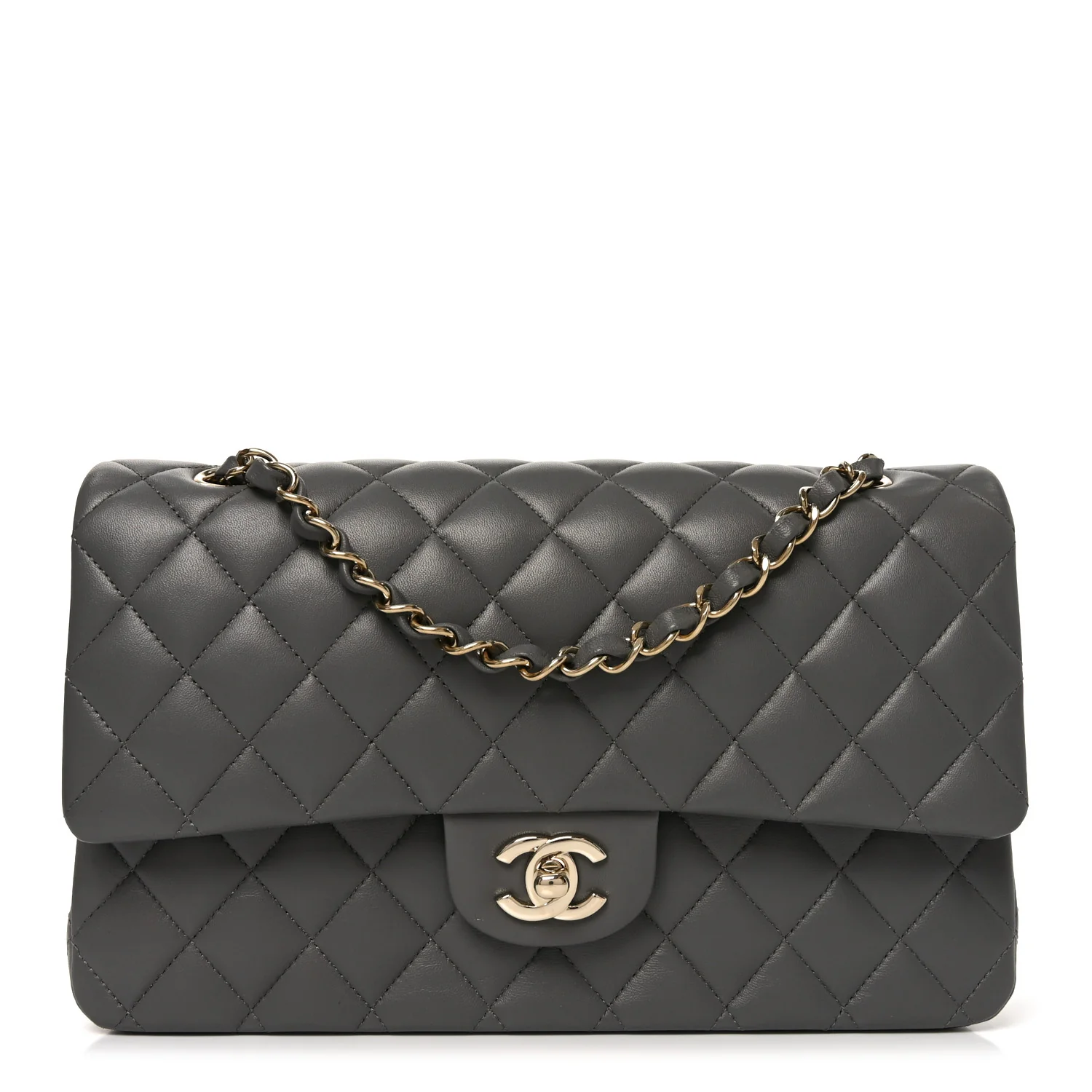 Lambskin Quilted Medium Double Flap Grey