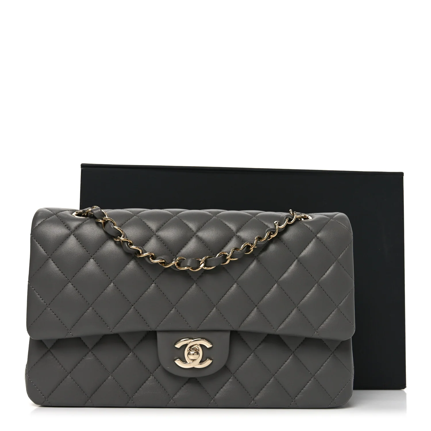 Lambskin Quilted Medium Double Flap Grey - Image 11