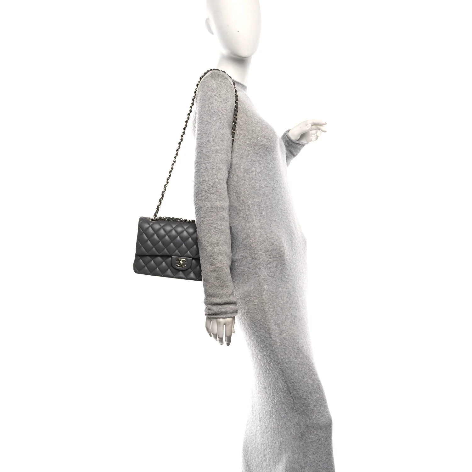 Lambskin Quilted Medium Double Flap Grey - Image 2