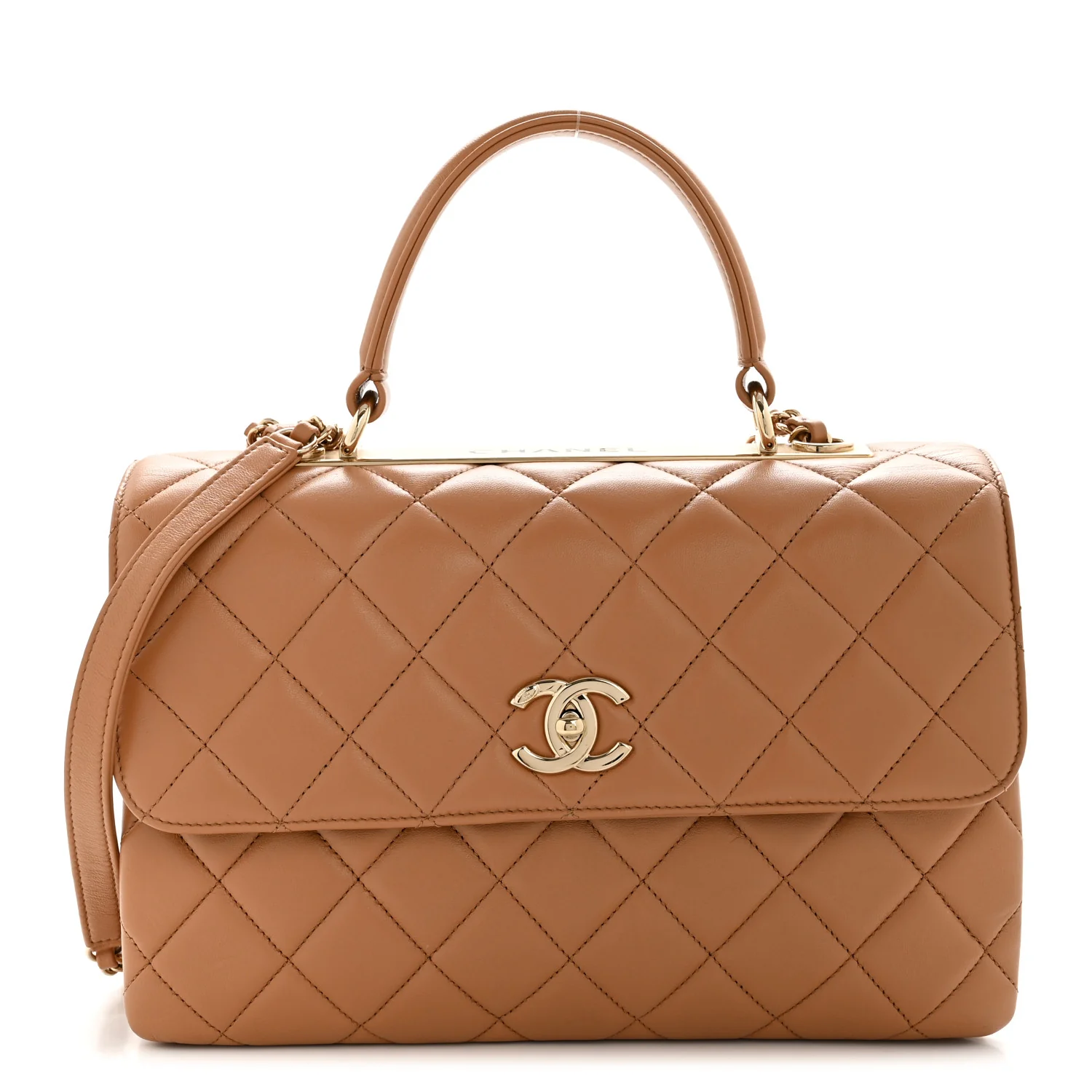 Lambskin Quilted Medium Trendy CC Flap Dual Handle Bag Camel