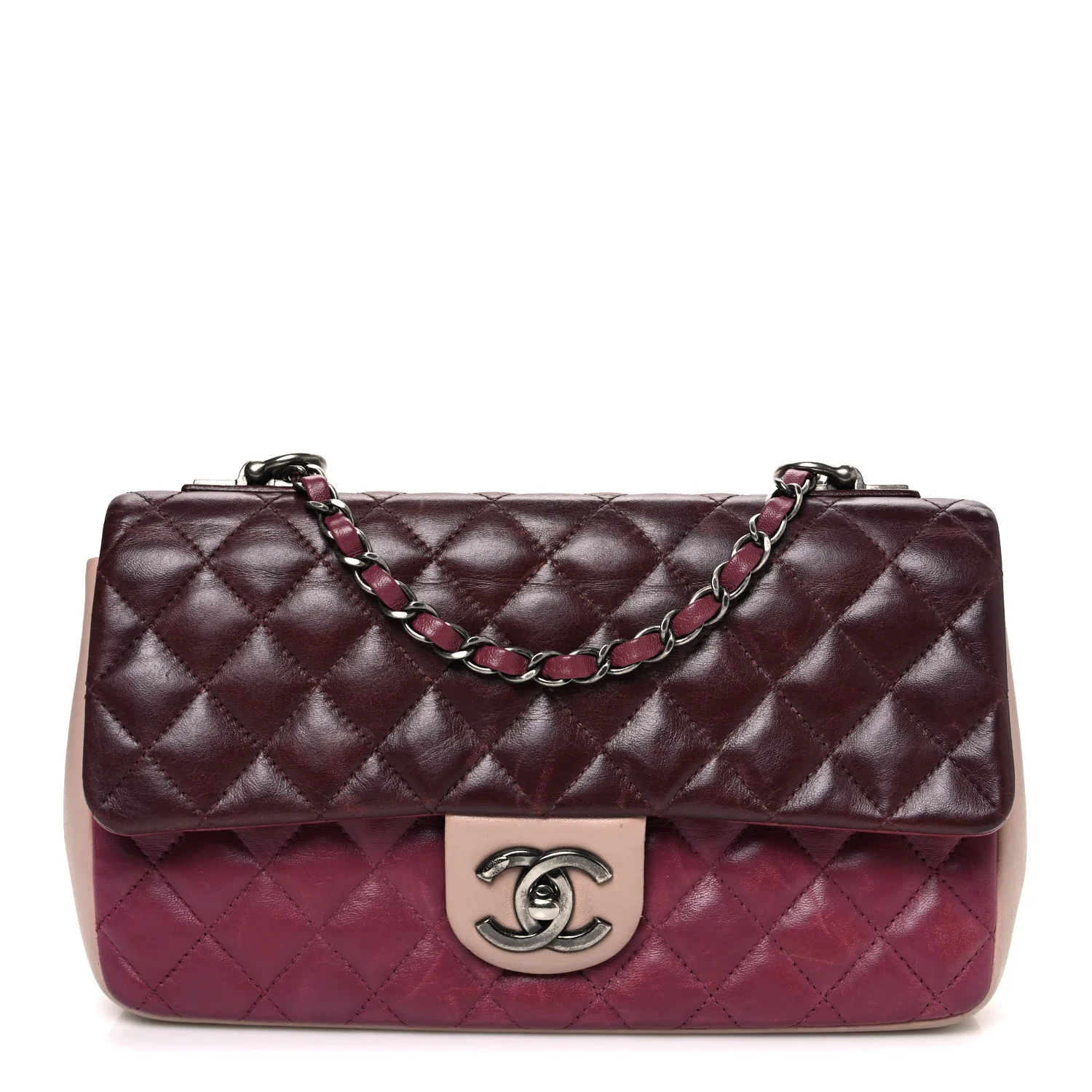 Lambskin Quilted Medium Tri-Color Flap Burgundy Dark Pink