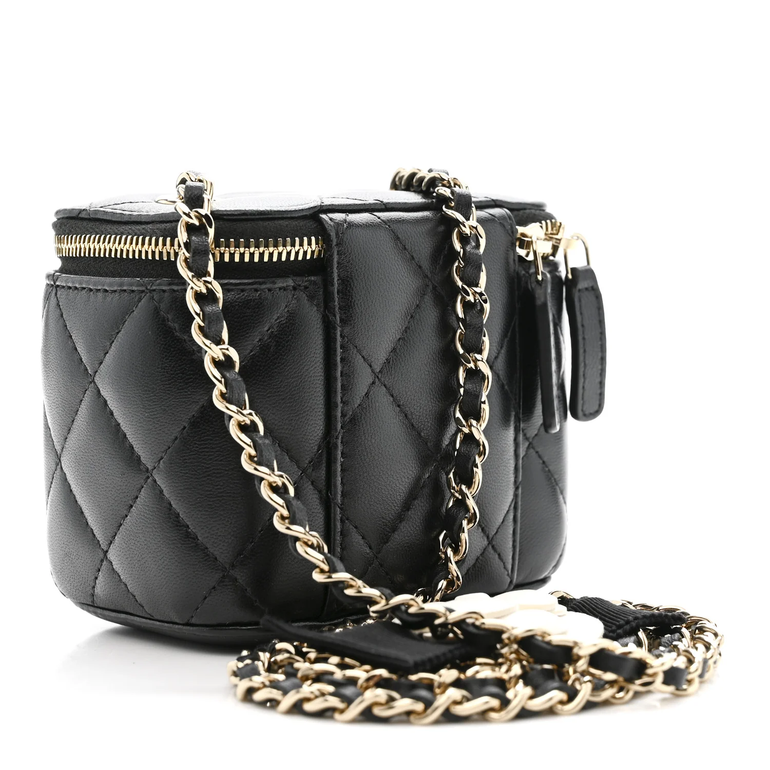 Lambskin Quilted Mini Camellia Bow Vanity Case With Chain Black - Image 3