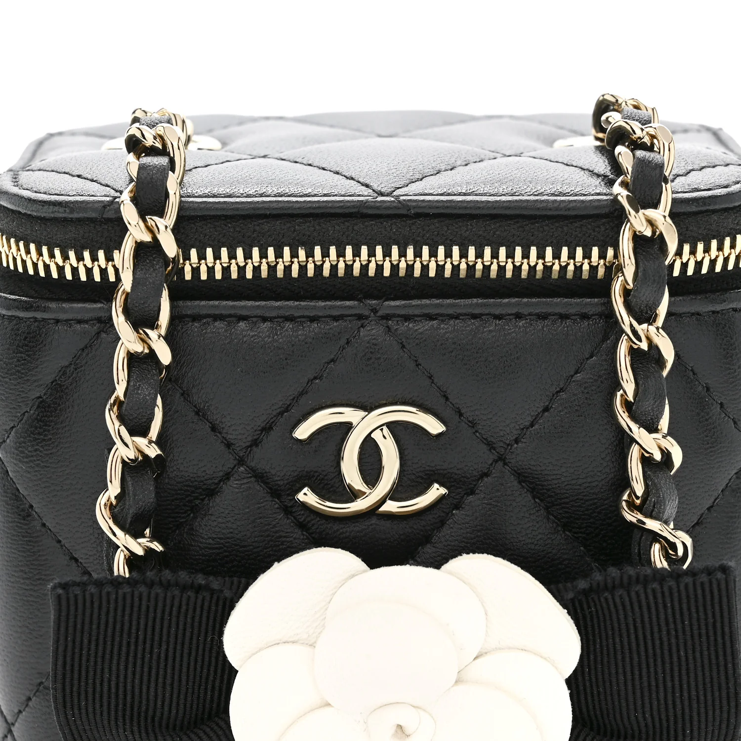 Lambskin Quilted Mini Camellia Bow Vanity Case With Chain Black - Image 8