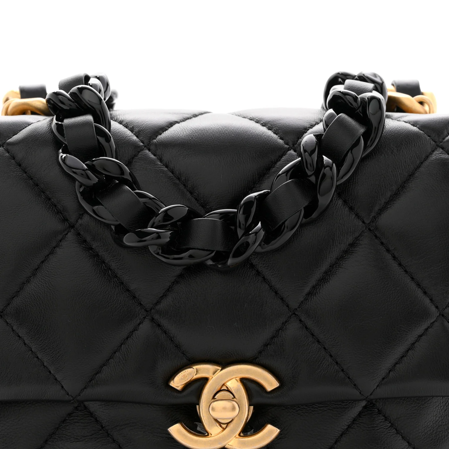Lambskin Quilted Mini Lacquered Chain Flap Black - Image 8