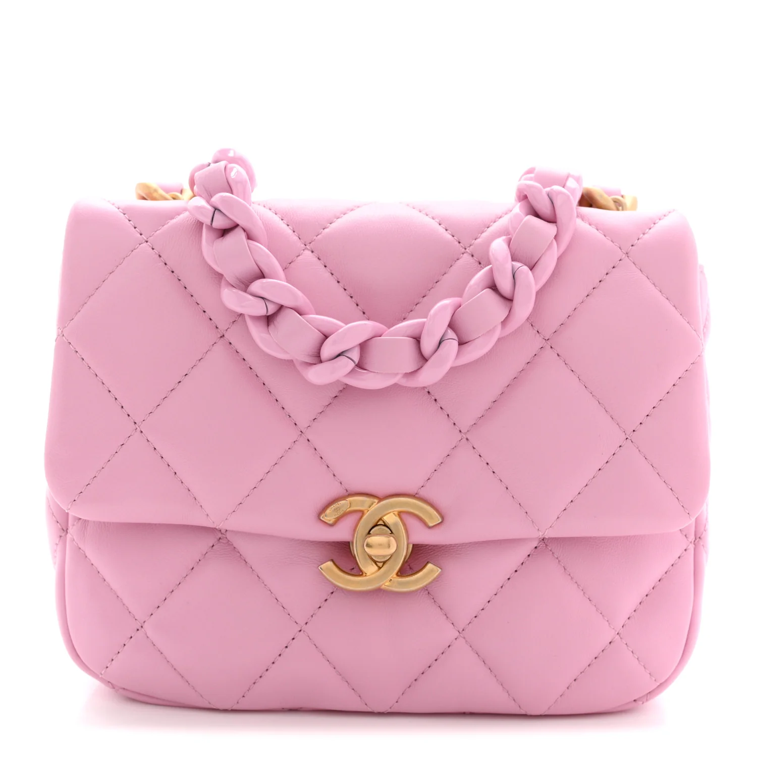 Lambskin Quilted Mini Lacquered Chain Flap Pink