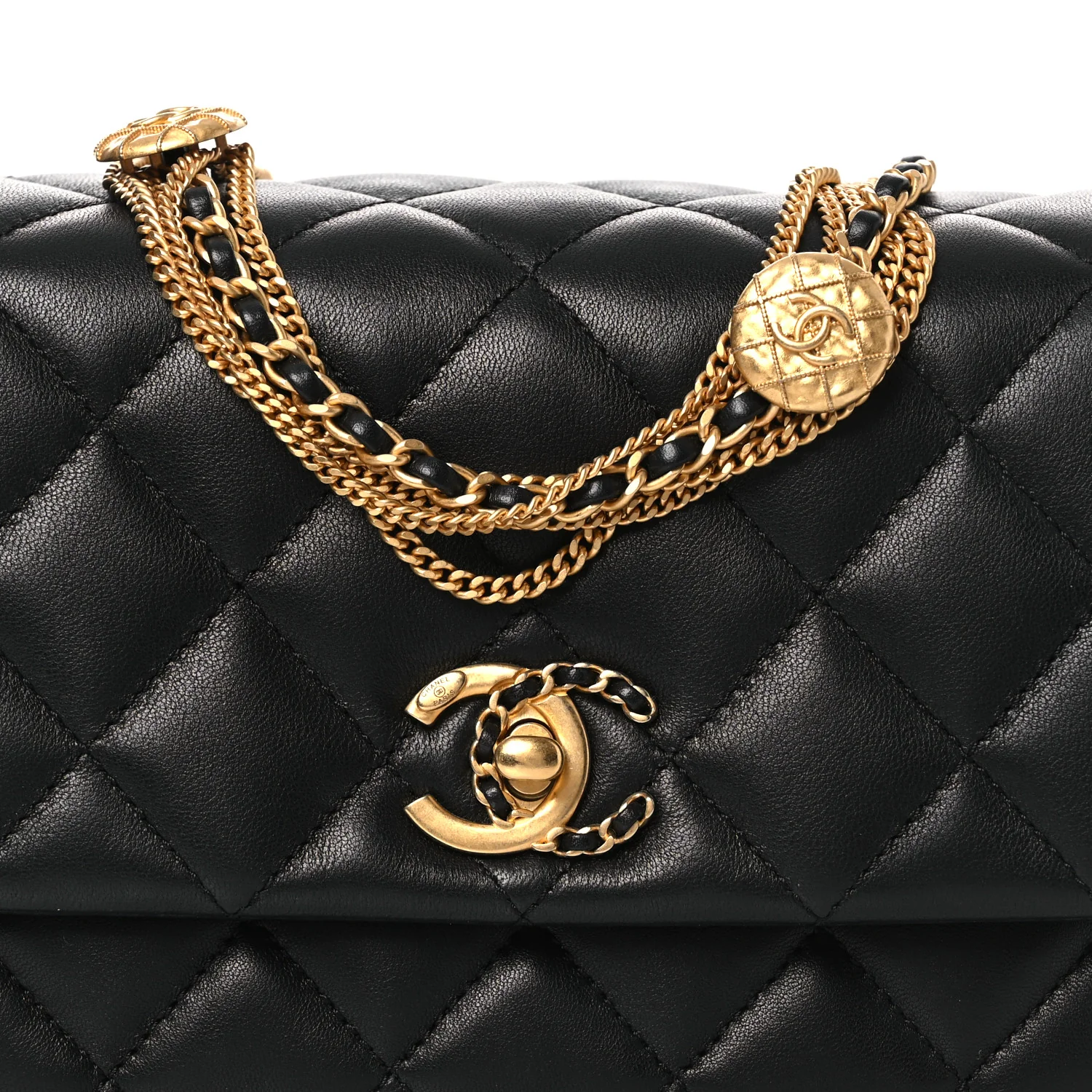 Lambskin Quilted Mini Medallion Multi Chain Flap Black - Image 7