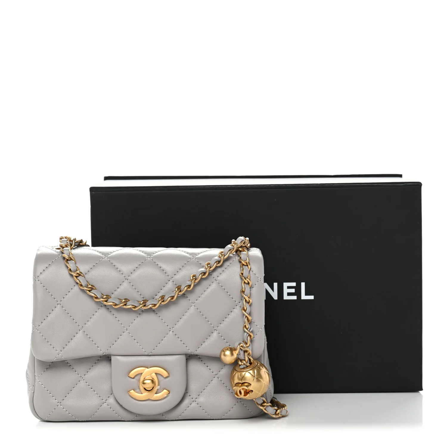 Lambskin Quilted Mini Pearl Crush Flap Light Grey - Image 12