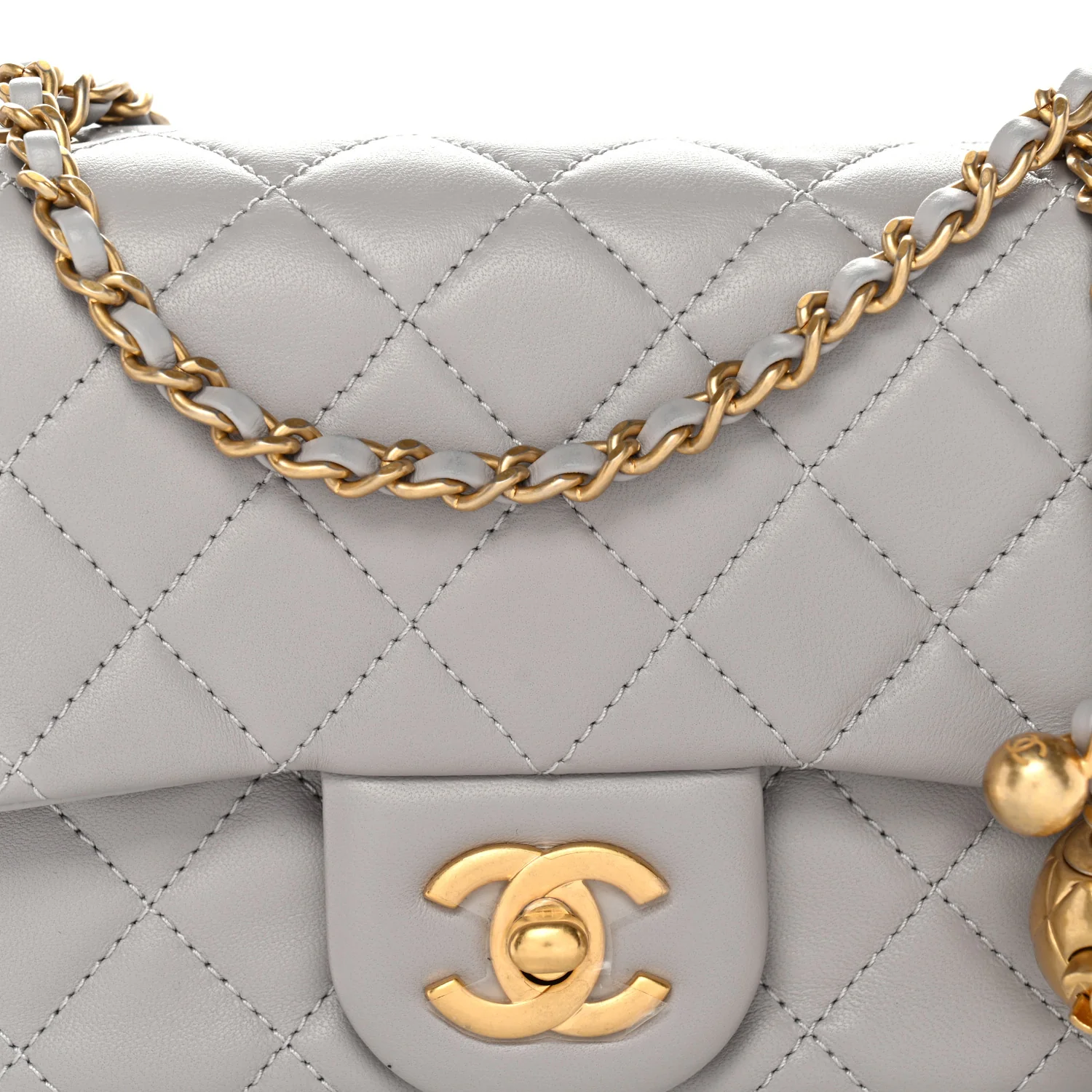 Lambskin Quilted Mini Pearl Crush Flap Light Grey - Image 8