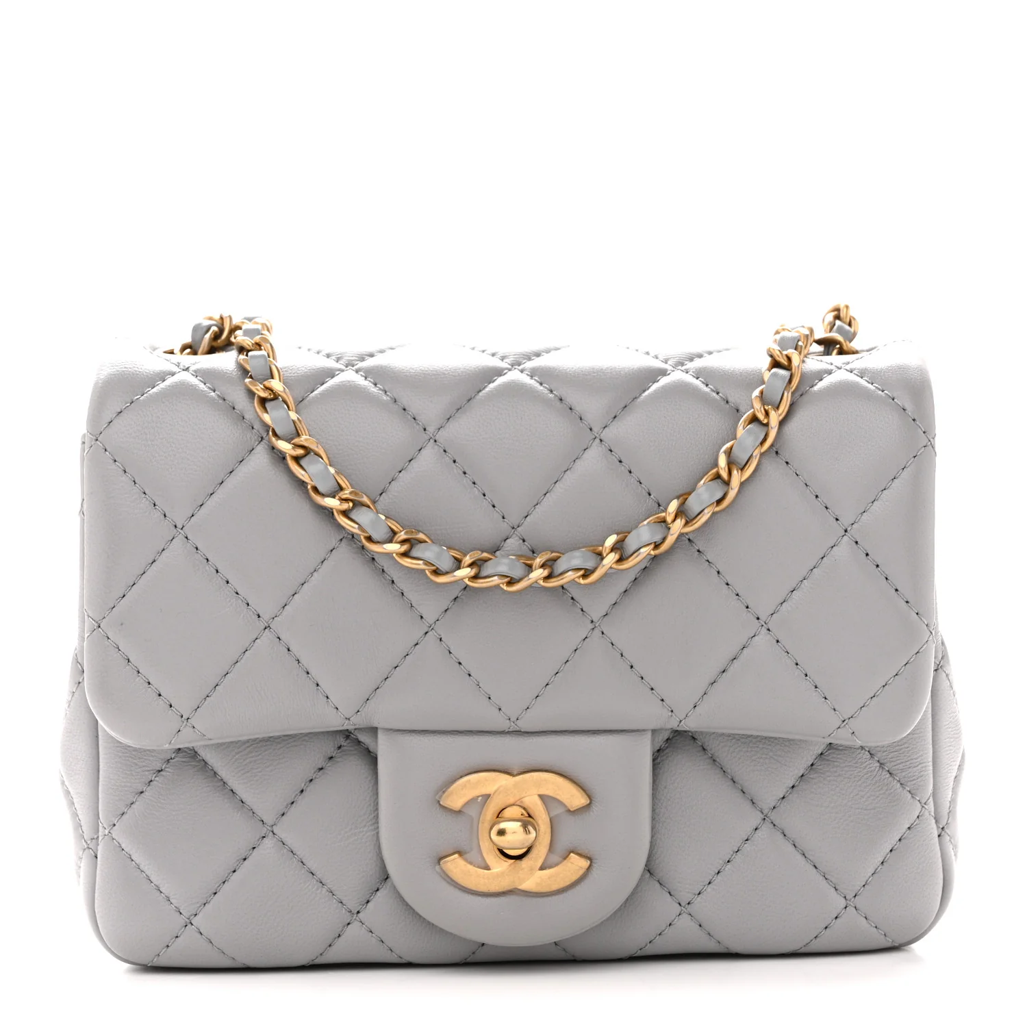 Lambskin Quilted Mini Pearl Crush Flap Light Grey