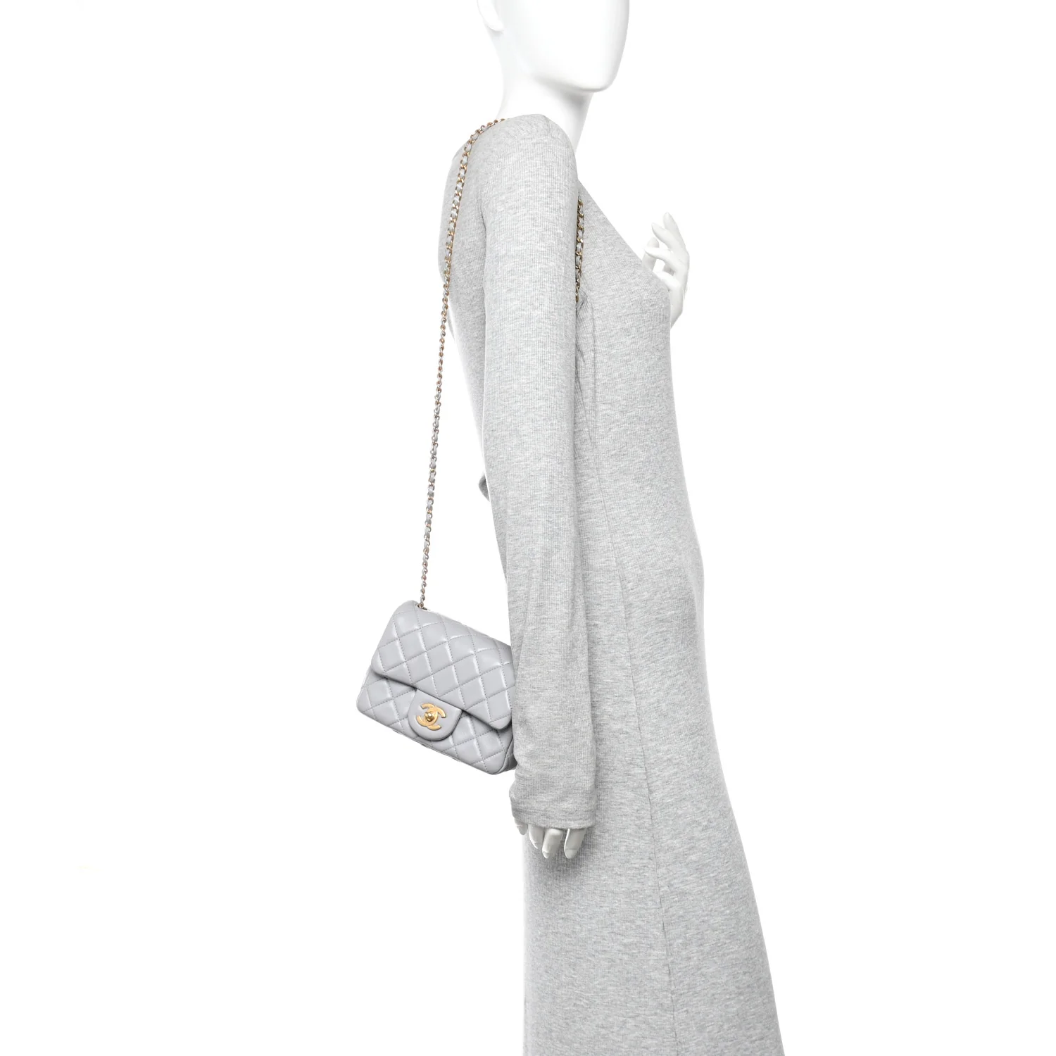 Lambskin Quilted Mini Pearl Crush Flap Light Grey - Image 2