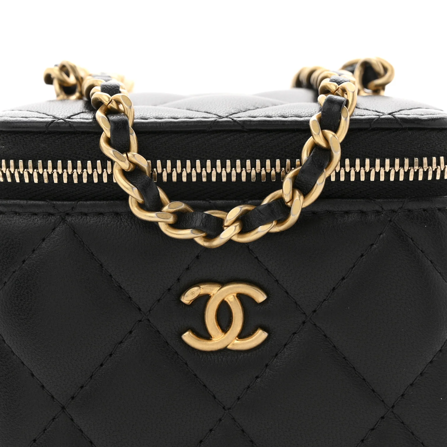 Lambskin Quilted Mini Pearl Crush Vanity Case With Chain Black - Image 8