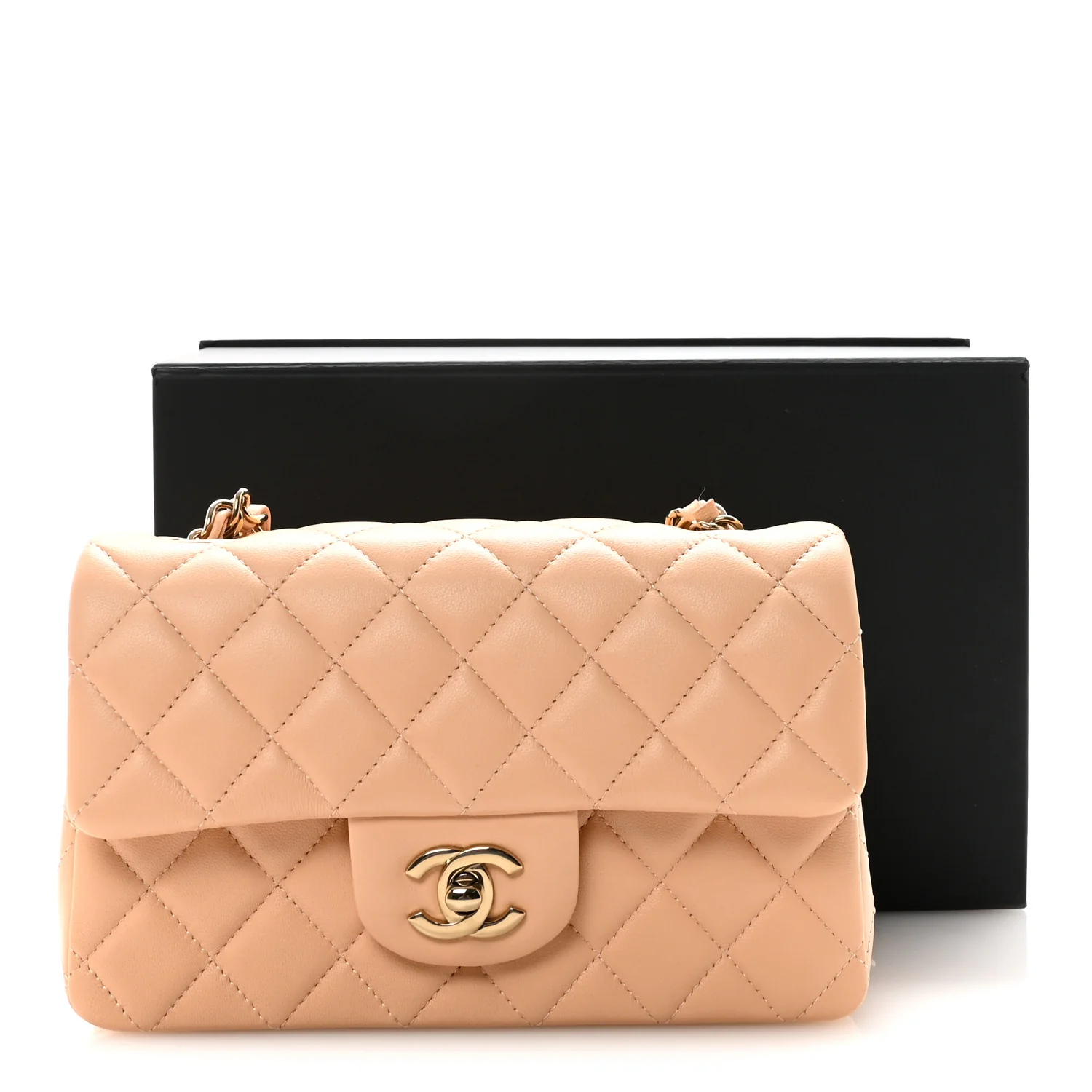 Lambskin Quilted Mini Rectangular Flap Beige - Image 11