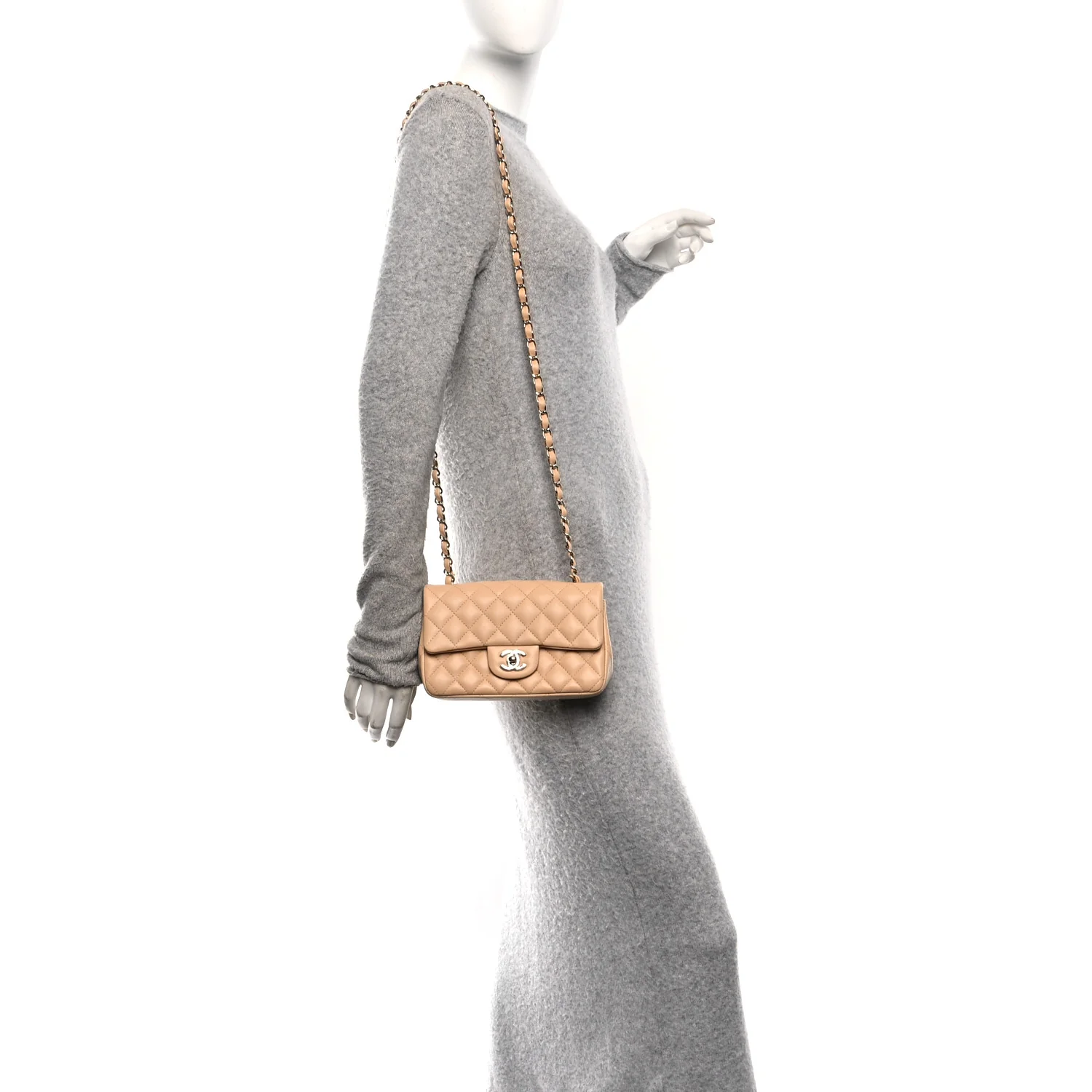Lambskin Quilted Mini Rectangular Flap Beige - Image 2