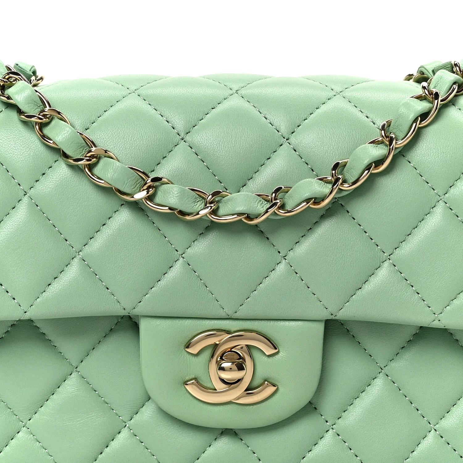 Lambskin Quilted Mini Rectangular Flap Green - Image 9