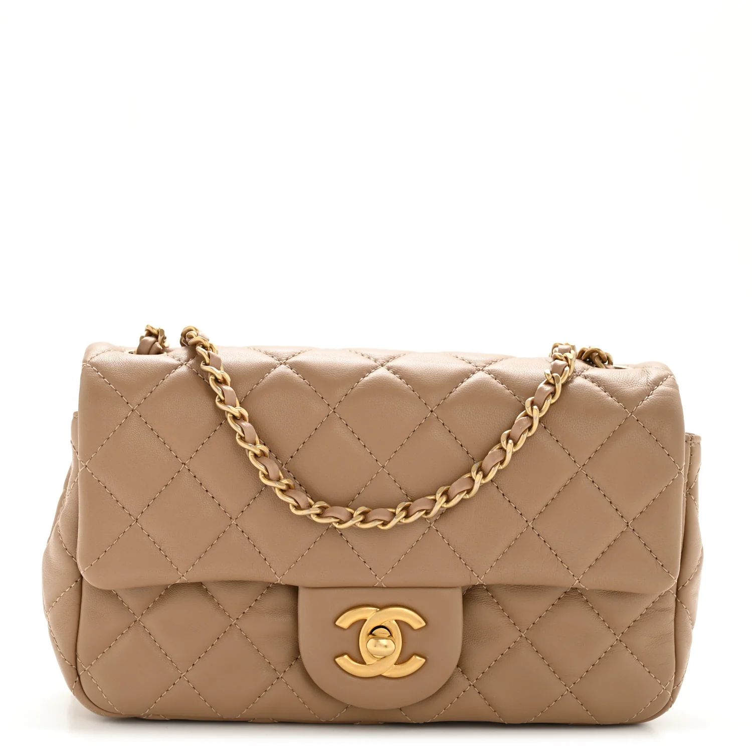 Lambskin Quilted Mini Rectangular Pearl Crush Flap Beige