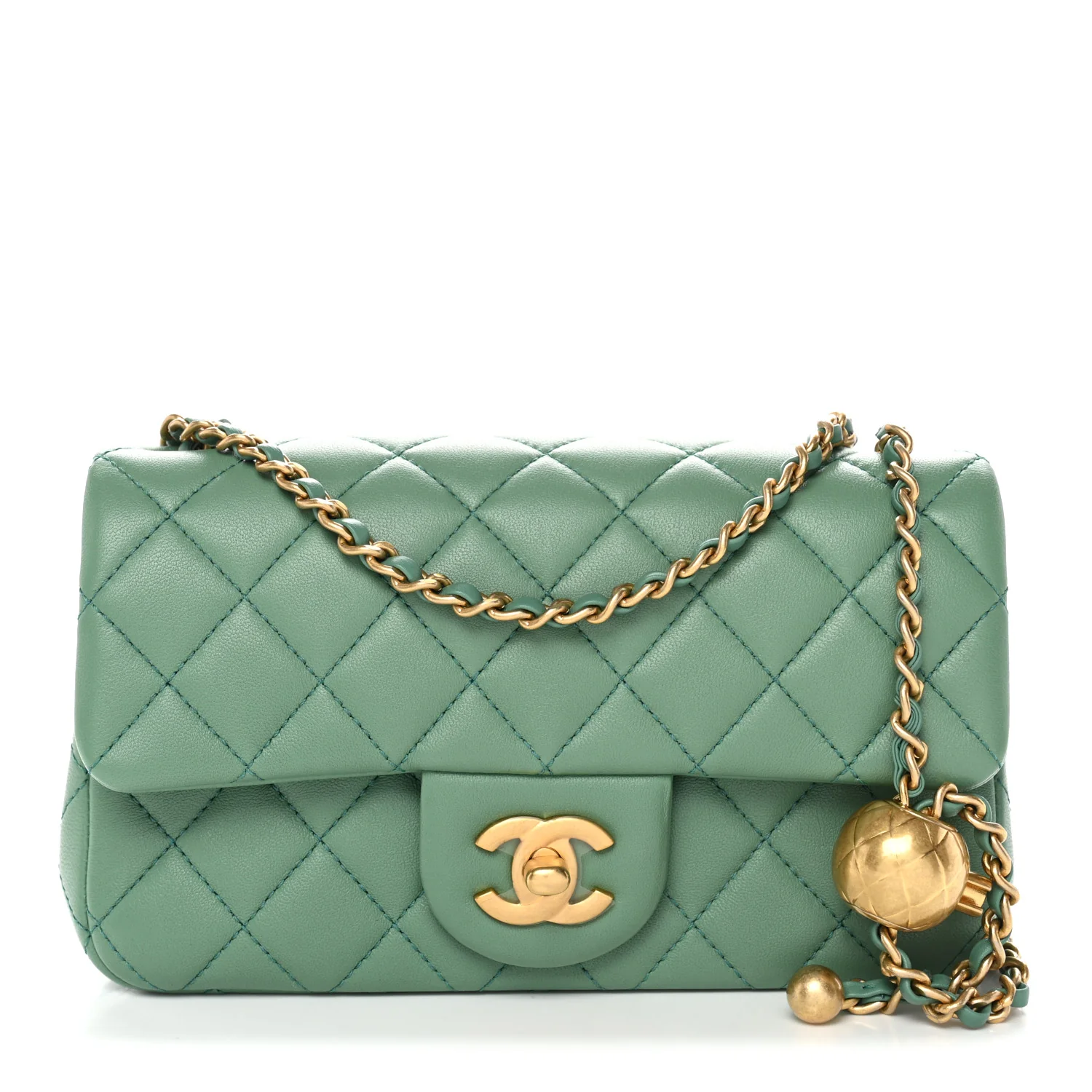 Lambskin Quilted Mini Rectangular Pearl Crush Flap Dark Green