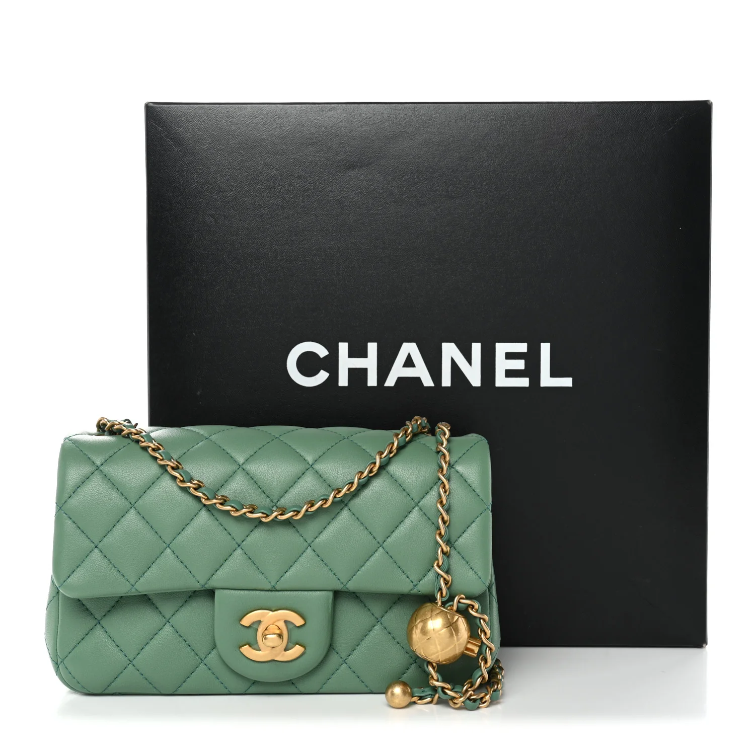 Lambskin Quilted Mini Rectangular Pearl Crush Flap Dark Green - Image 11