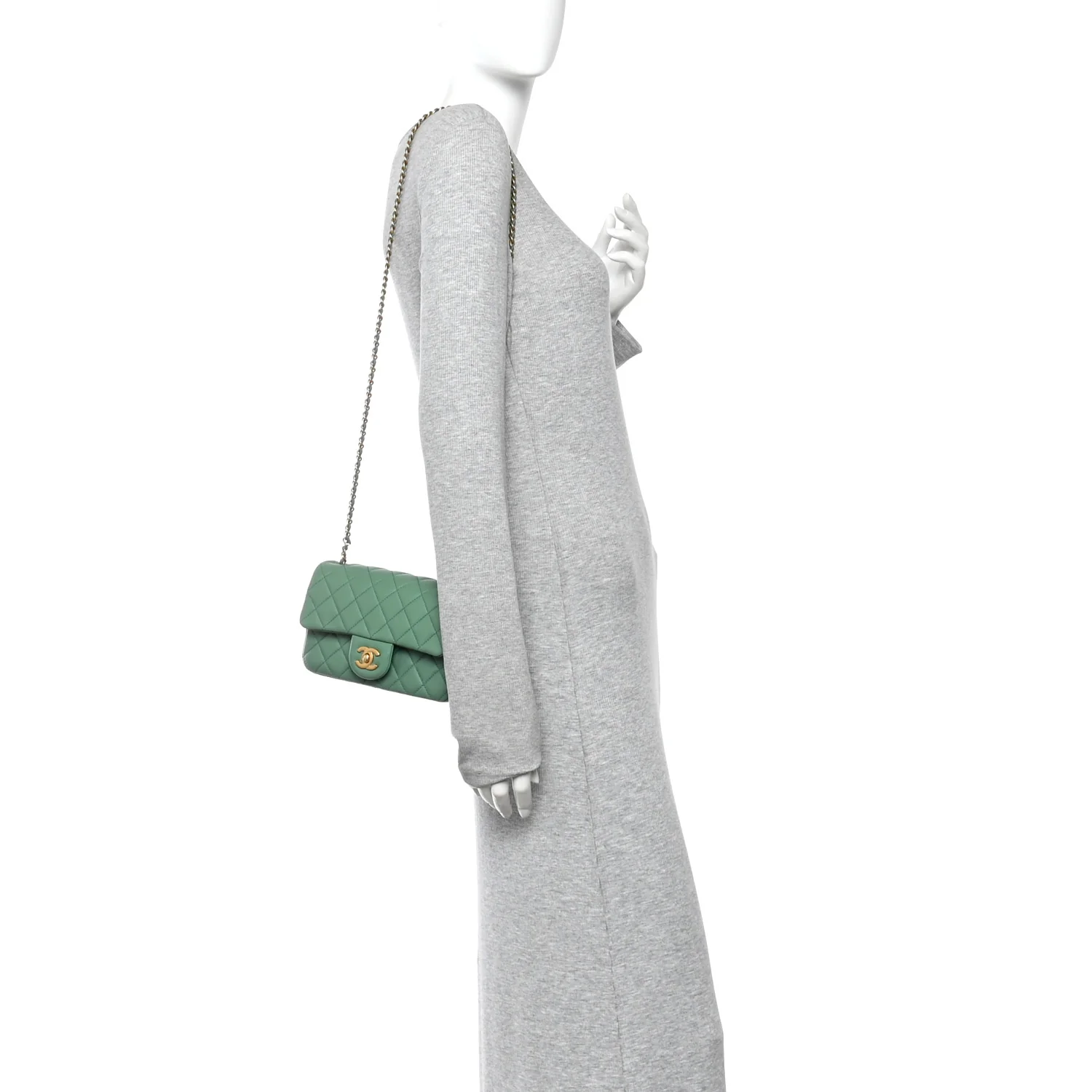 Lambskin Quilted Mini Rectangular Pearl Crush Flap Dark Green - Image 2