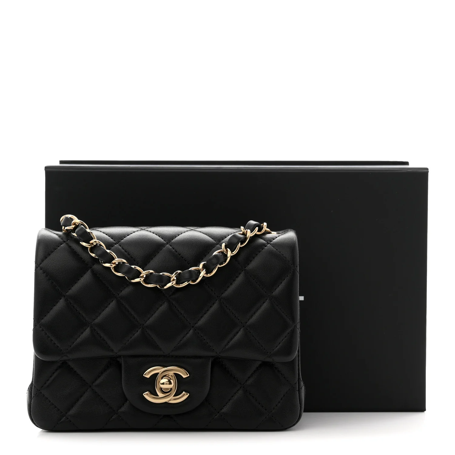 Lambskin Quilted Mini Square Flap Black - Image 11