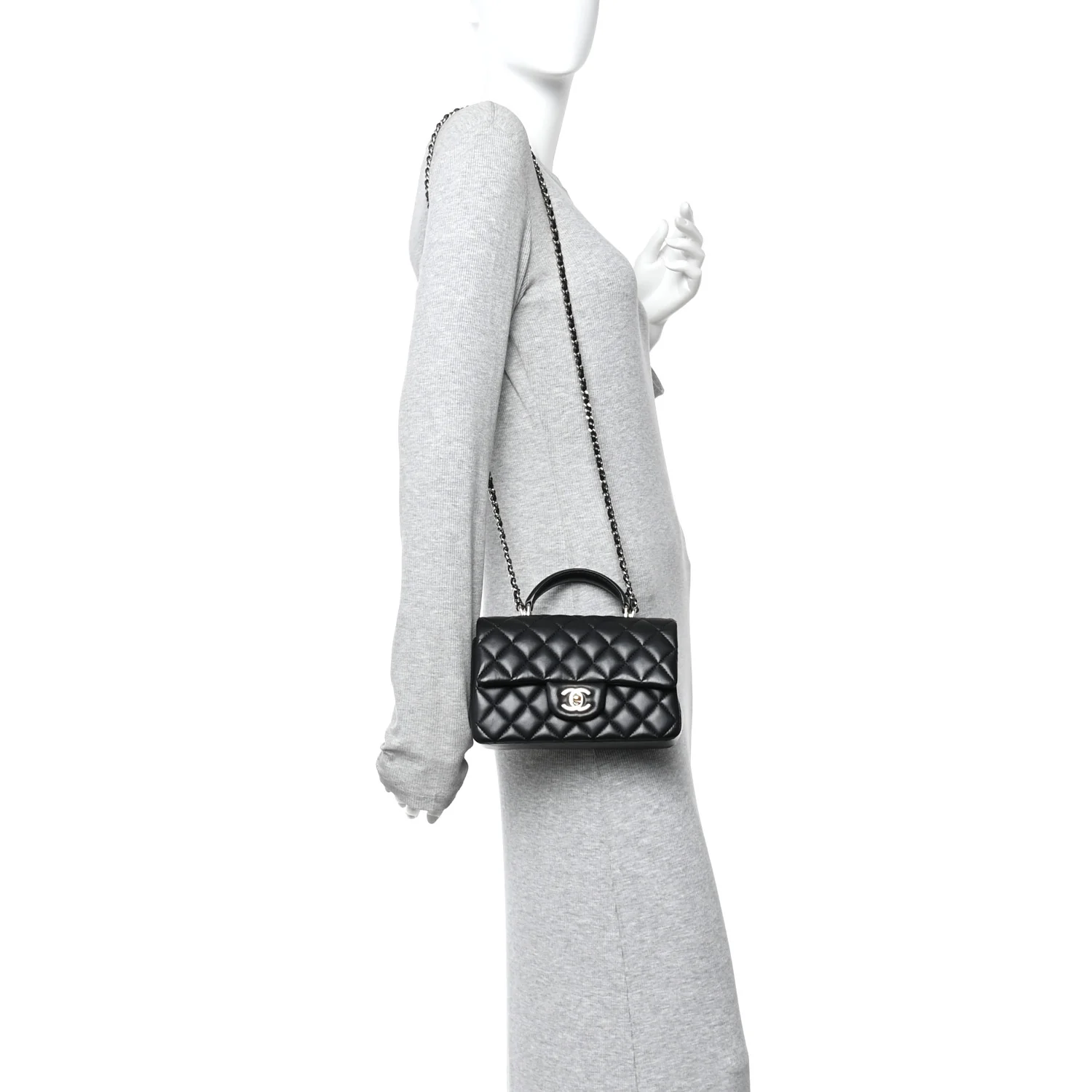 Lambskin Quilted Mini Top Handle Rectangular Flap Black - Image 2