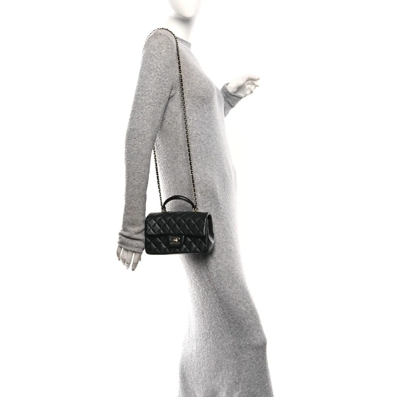 Lambskin Quilted Mini Top Handle Rectangular Flap Black - Image 2